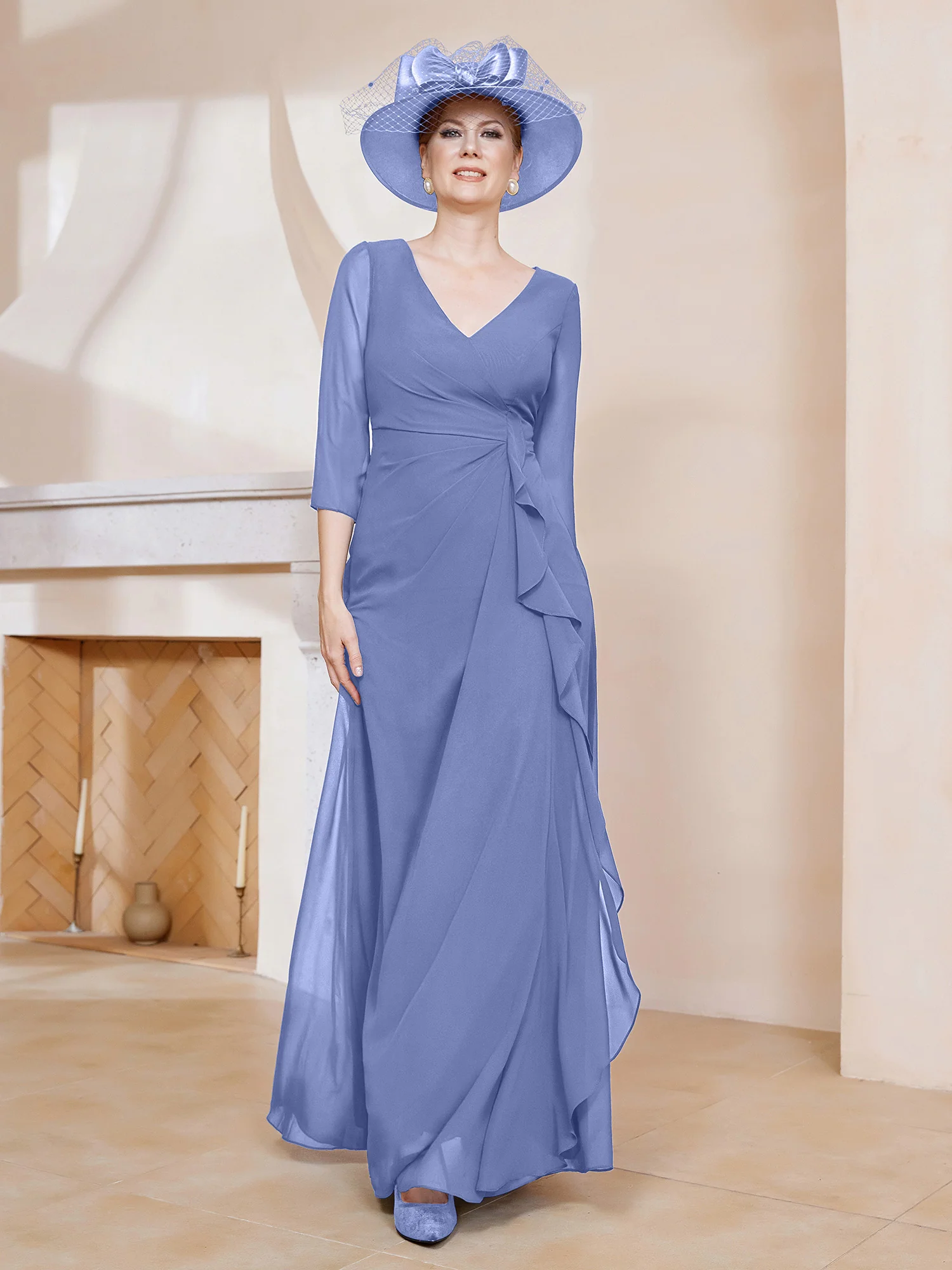 3/4-Length Sleeves V-neck Pleated Long Dress Periwinkle