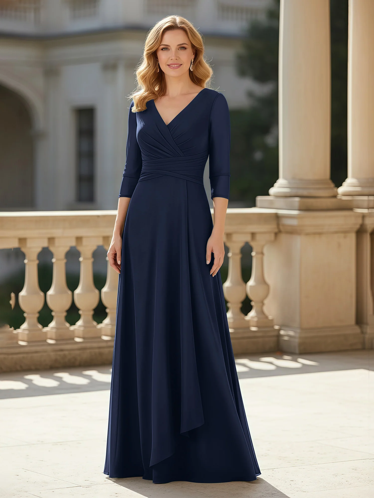 3/4 Sleeves Pleated V-neck Chiffon Floor-length Dress Dark Navy