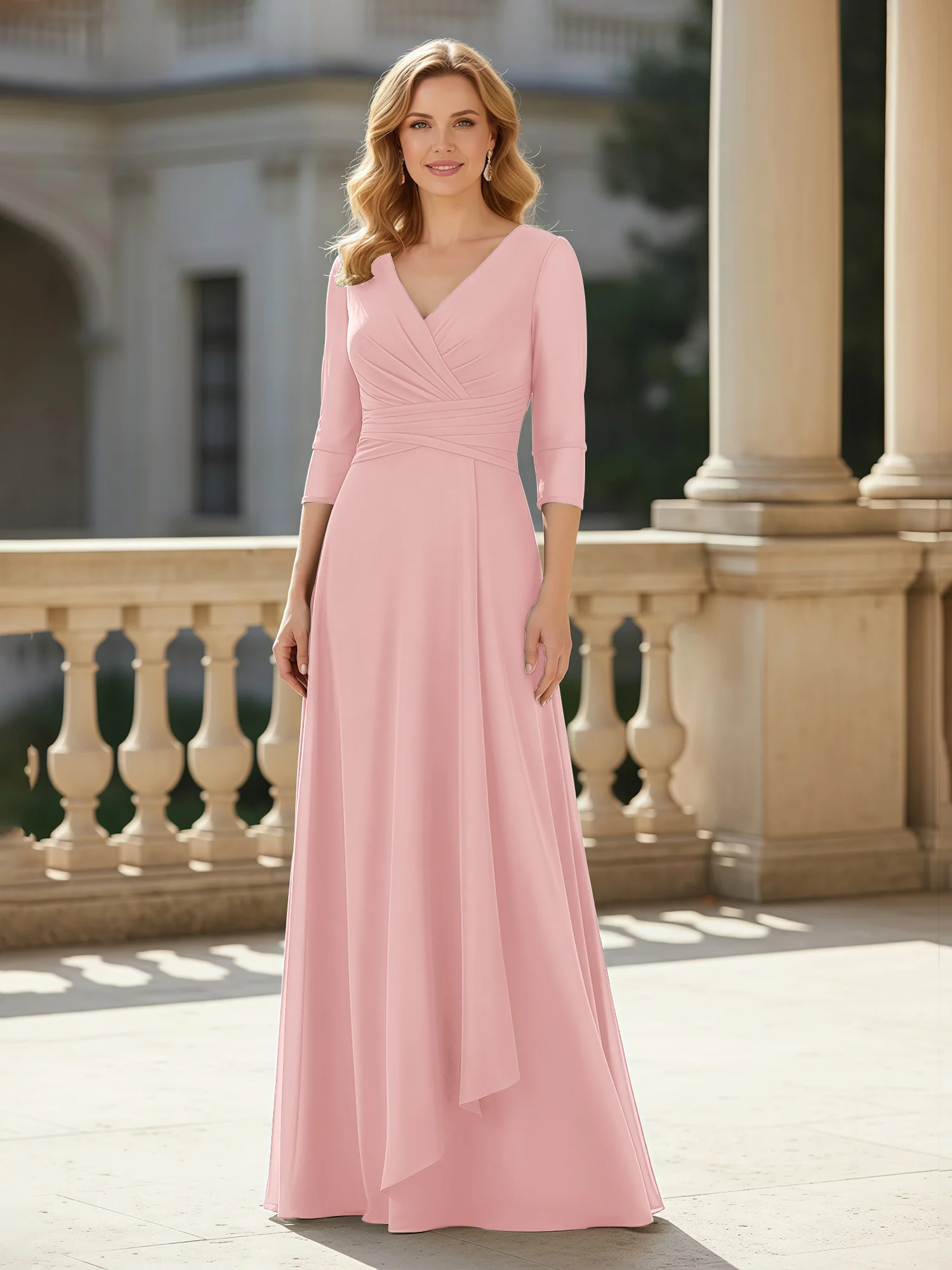3/4 Sleeves Pleated V-neck Chiffon Floor-length Dress Dusty Rose