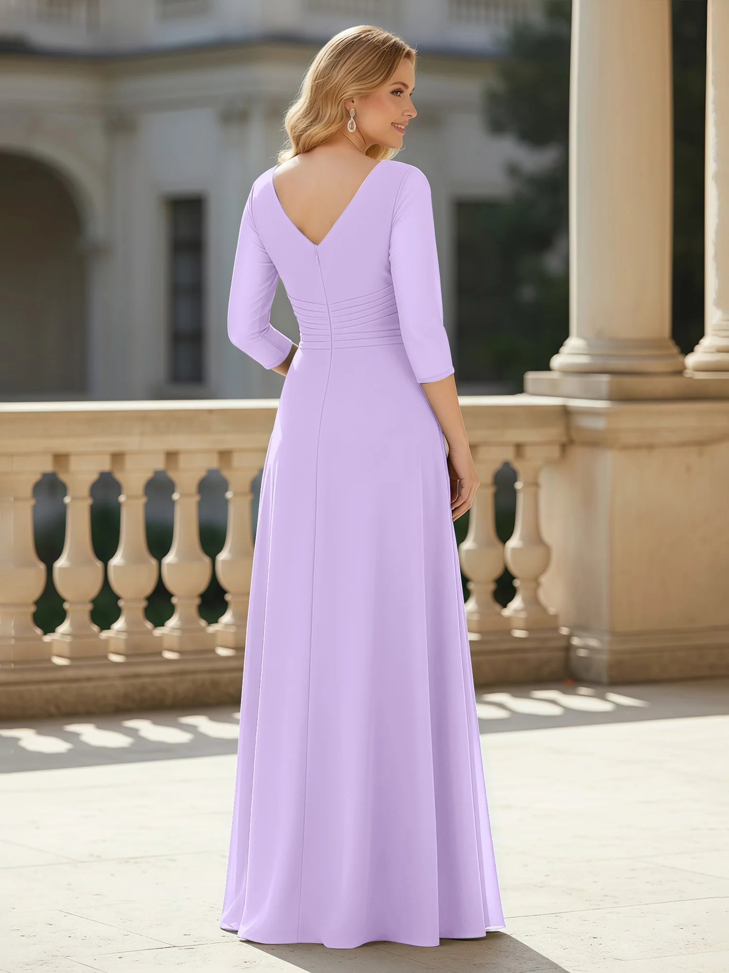 3/4 Sleeves Pleated V-neck Chiffon Floor-length Dress Lilac - Image 2