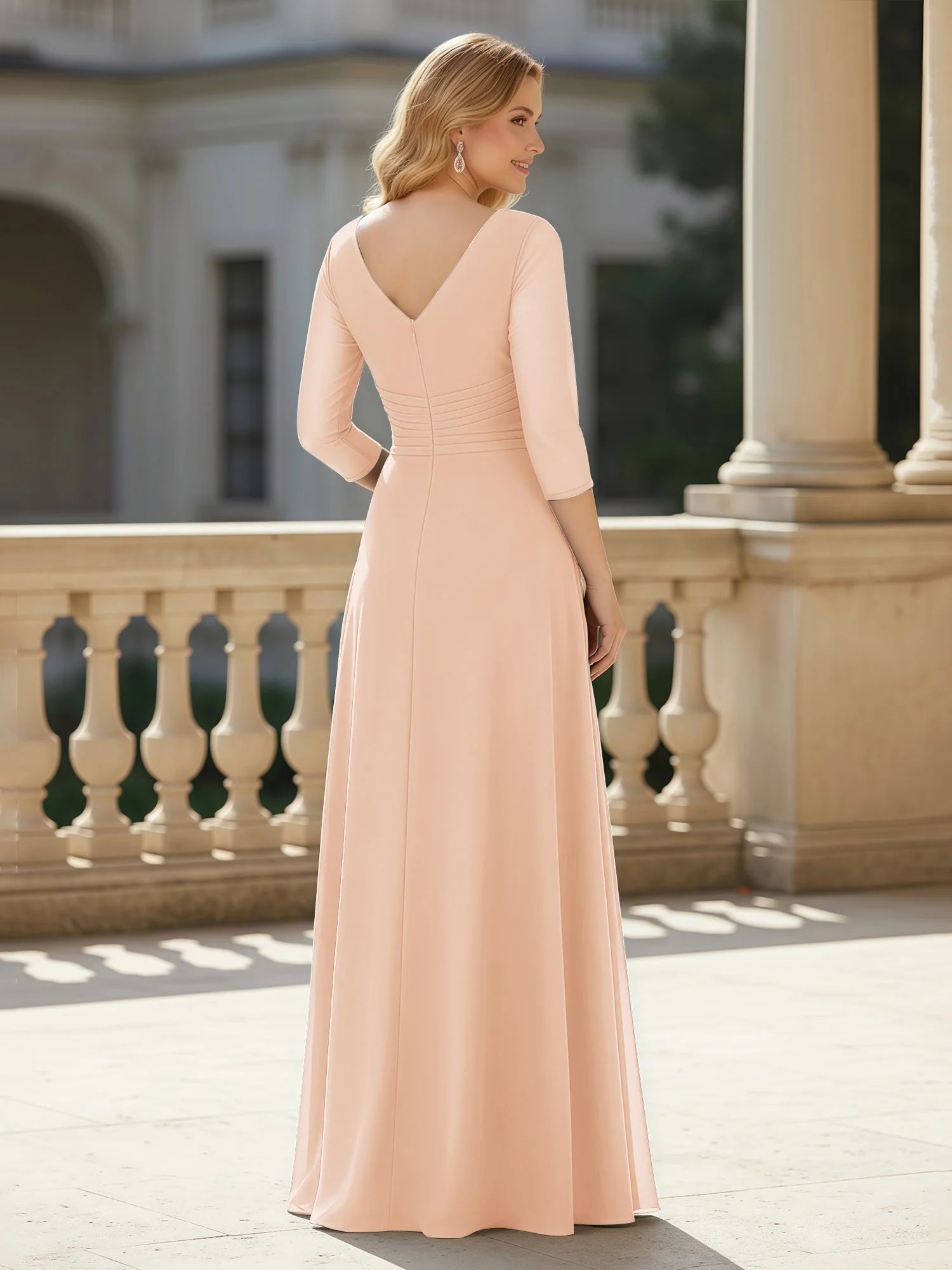 3/4 Sleeves Pleated V-neck Chiffon Floor-length Dress Pearl Pink - Image 2