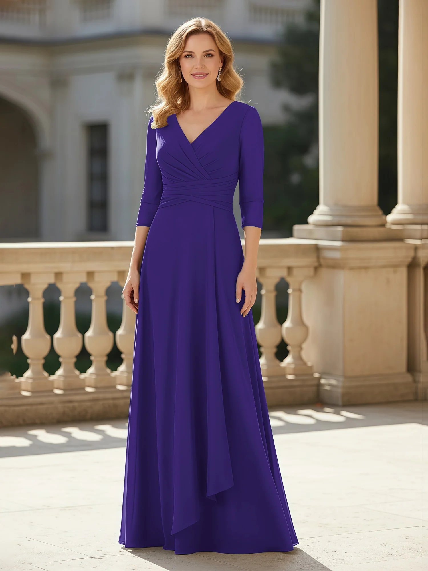 3/4 Sleeves Pleated V-neck Chiffon Floor-length Dress Regency