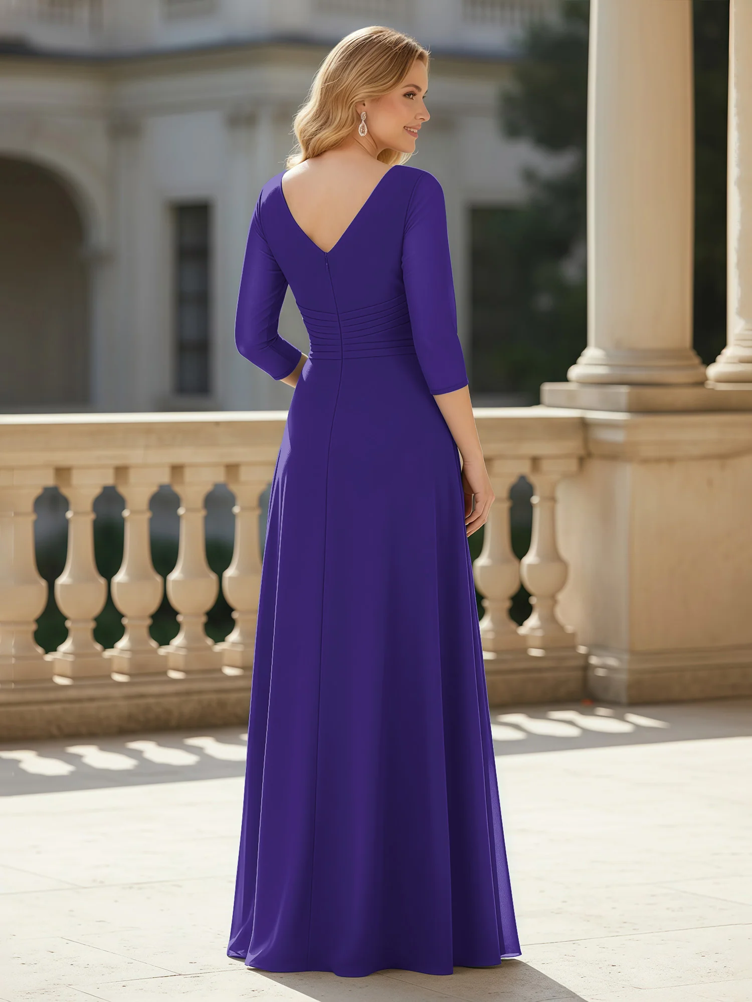 3/4 Sleeves Pleated V-neck Chiffon Floor-length Dress Regency - Image 2