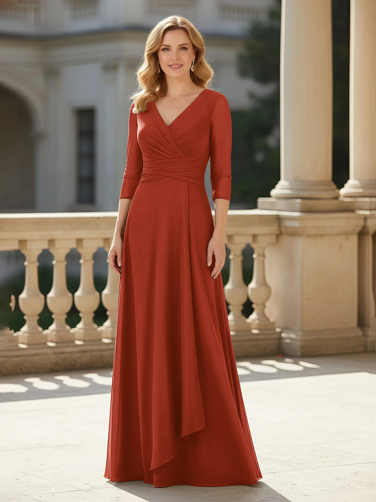3/4 Sleeves Pleated V-neck Chiffon Floor-length Dress Rust