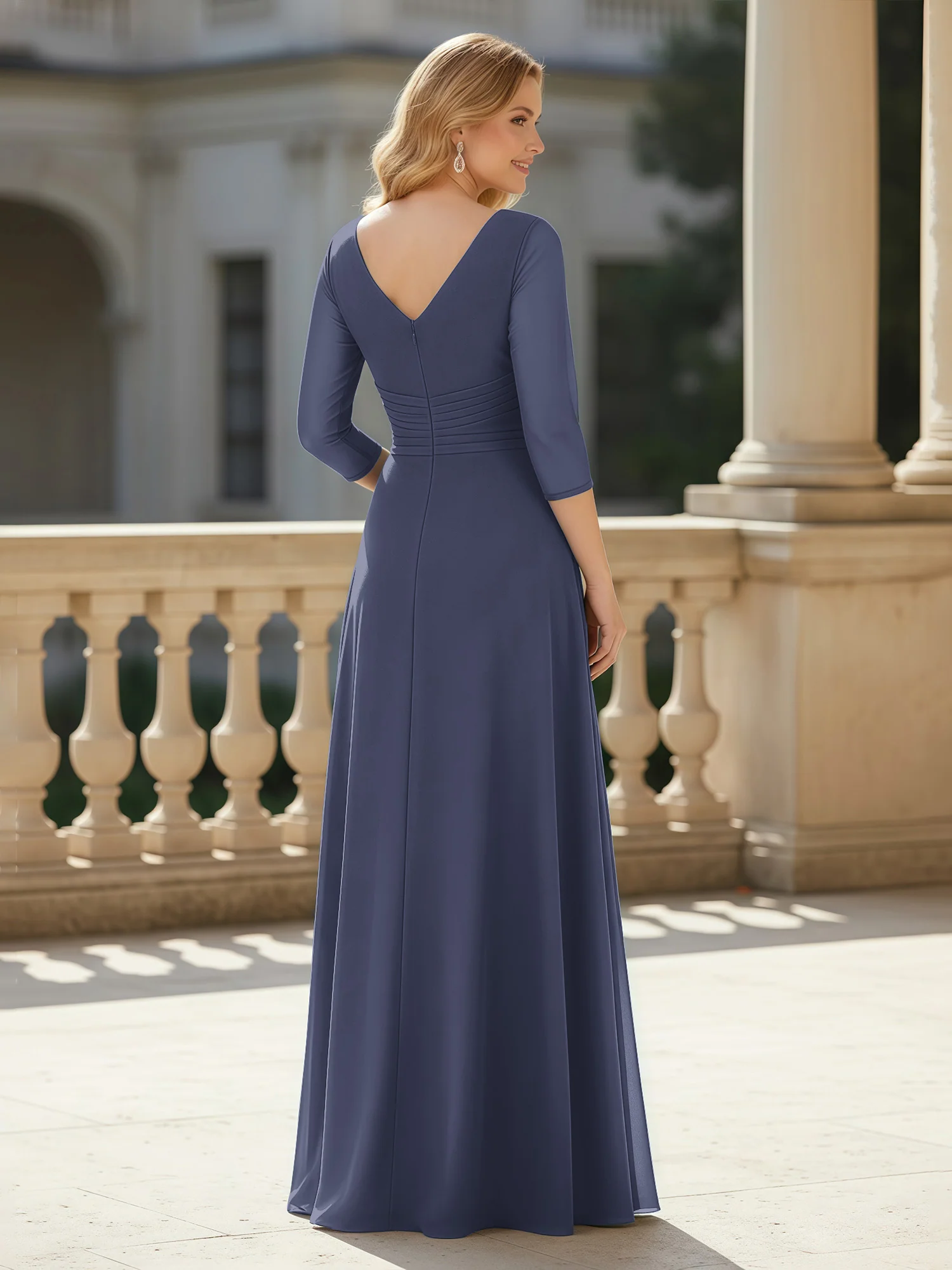 3/4 Sleeves Pleated V-neck Chiffon Floor-length Dress Stormy - Image 2