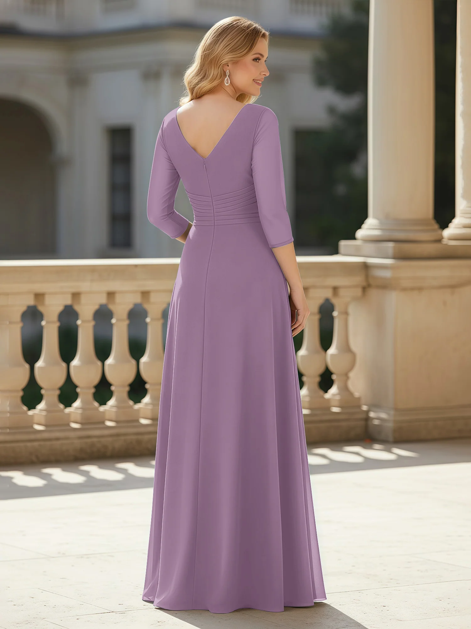 3/4 Sleeves Pleated V-neck Chiffon Floor-length Dress Wisteria - Image 2