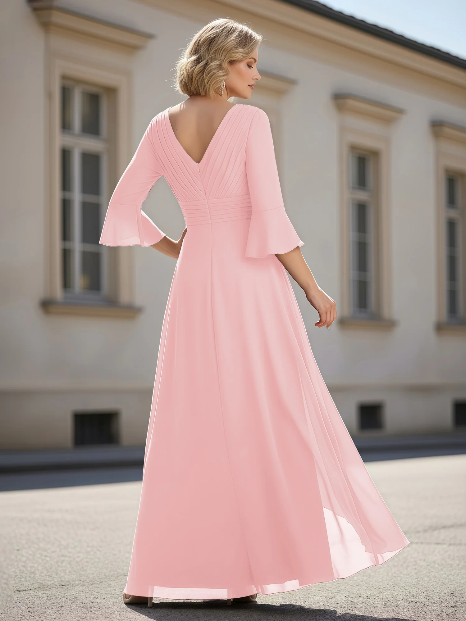 3/4 Sleeves Pleated V-neck Ruffles A-Line Dress Blushing Pink - Image 2