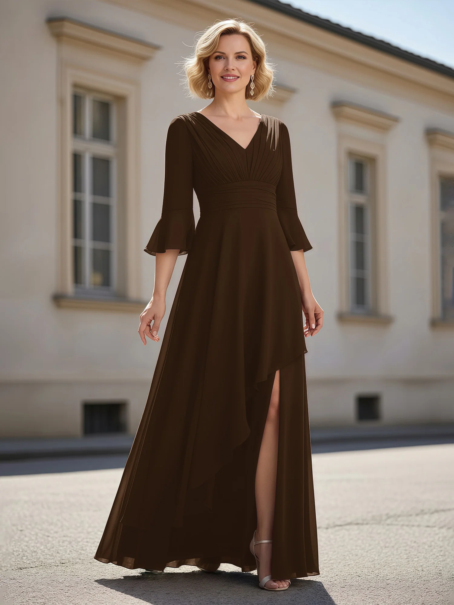 3/4 Sleeves Pleated V-neck Ruffles A-Line Dress Brown