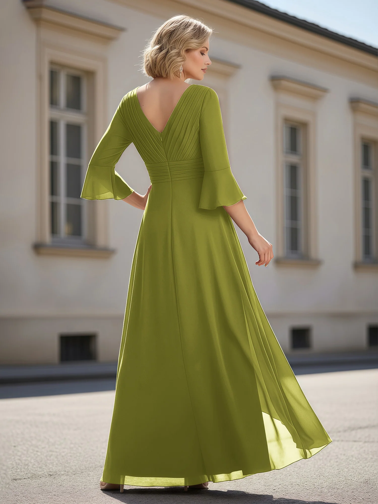 3/4 Sleeves Pleated V-neck Ruffles A-Line Dress Clover - Image 2