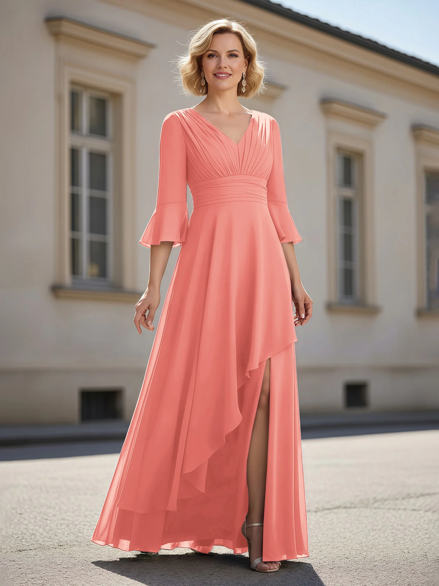 3/4 Sleeves Pleated V-neck Ruffles A-Line Dress Coral