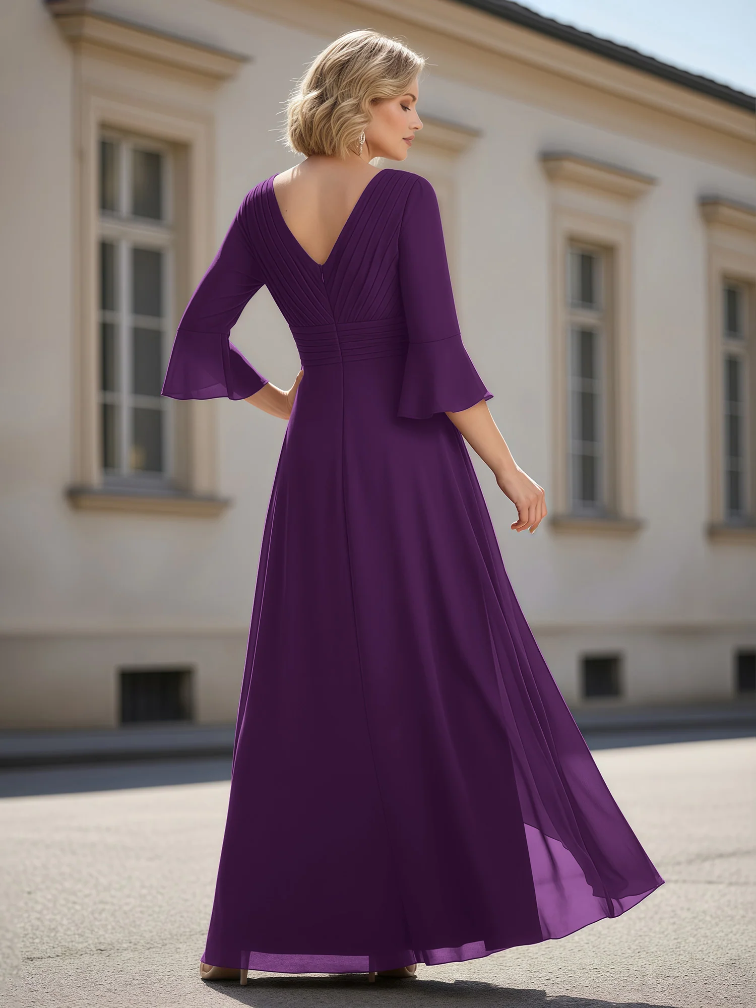 3/4 Sleeves Pleated V-neck Ruffles A-Line Dress Grape - Image 2