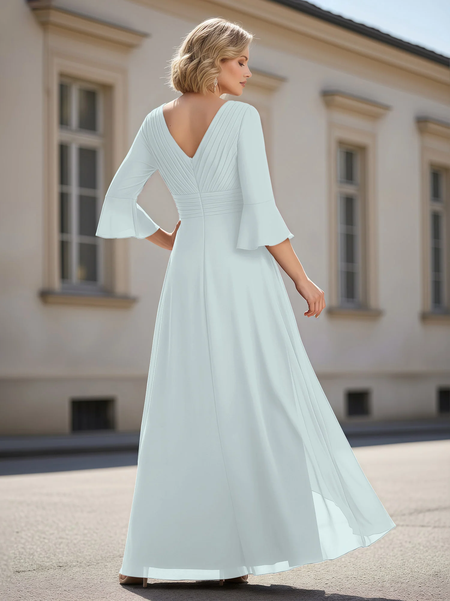 3/4 Sleeves Pleated V-neck Ruffles A-Line Dress Mist - Image 2