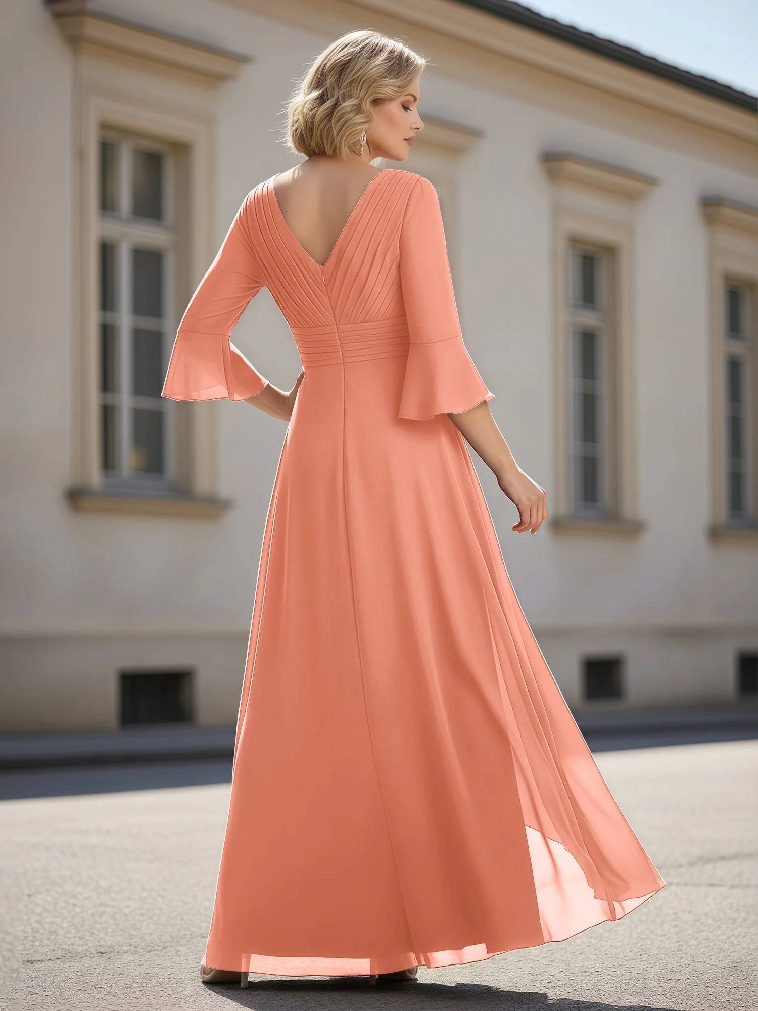 3/4 Sleeves Pleated V-neck Ruffles A-Line Dress Papaya - Image 2