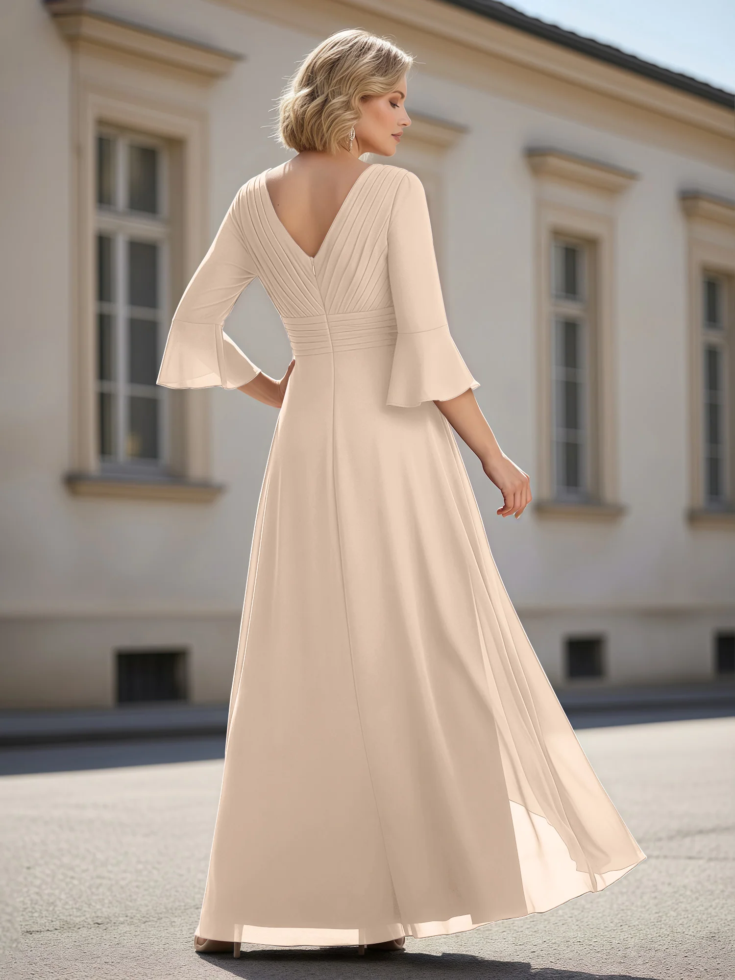 3/4 Sleeves Pleated V-neck Ruffles A-Line Dress Peach - Image 2