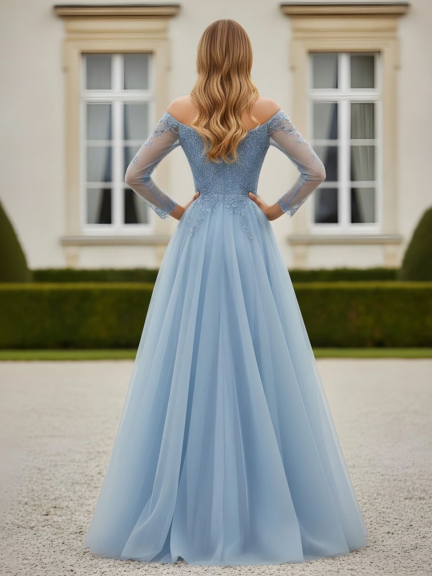 A-Line Appliqued Off-the-shoulder Tulle Dress With Slit Periwinkle - Image 2