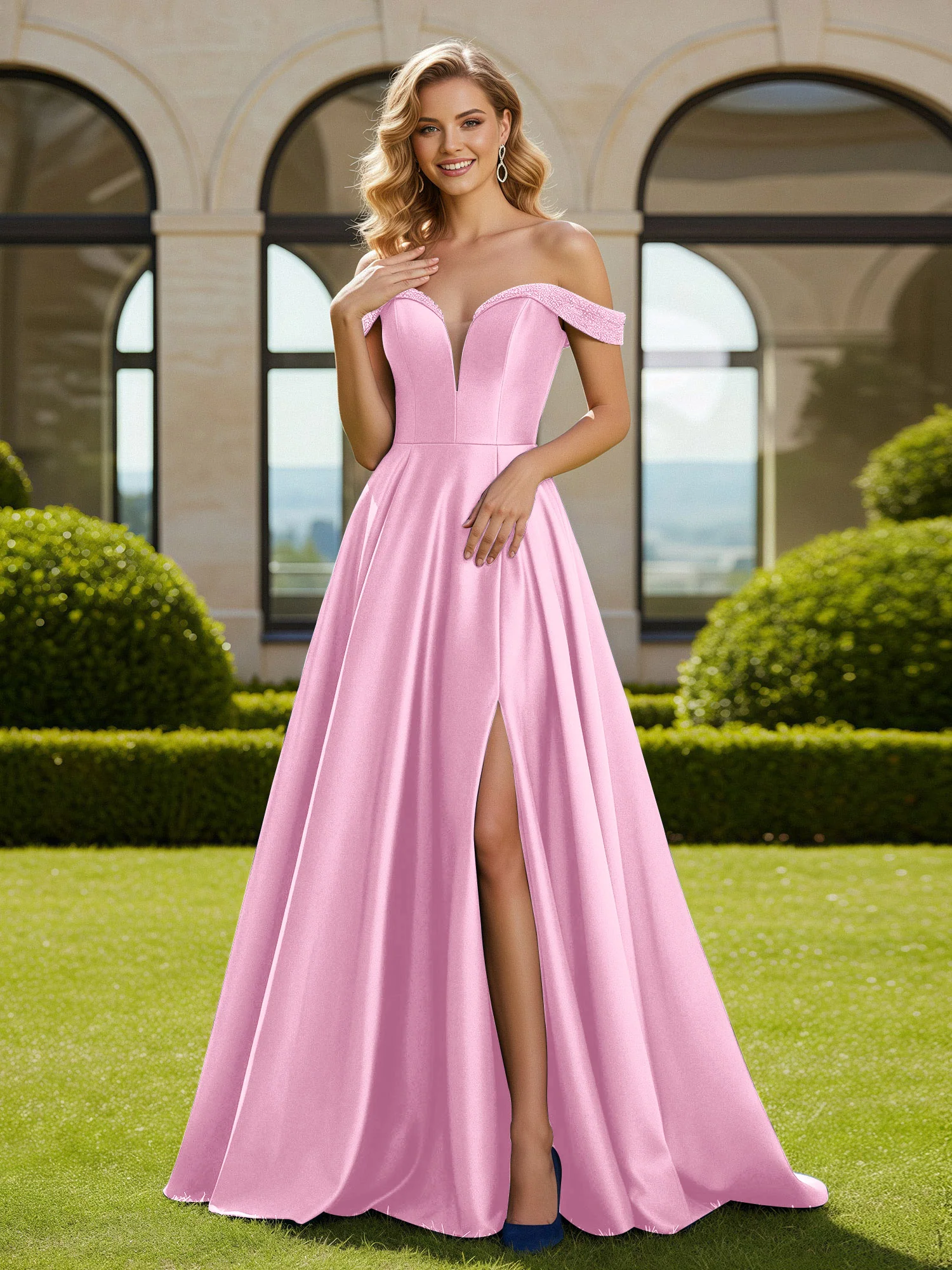 A-Line Beaded Off-the-shoulder Long Dress With Slit Candy Pink