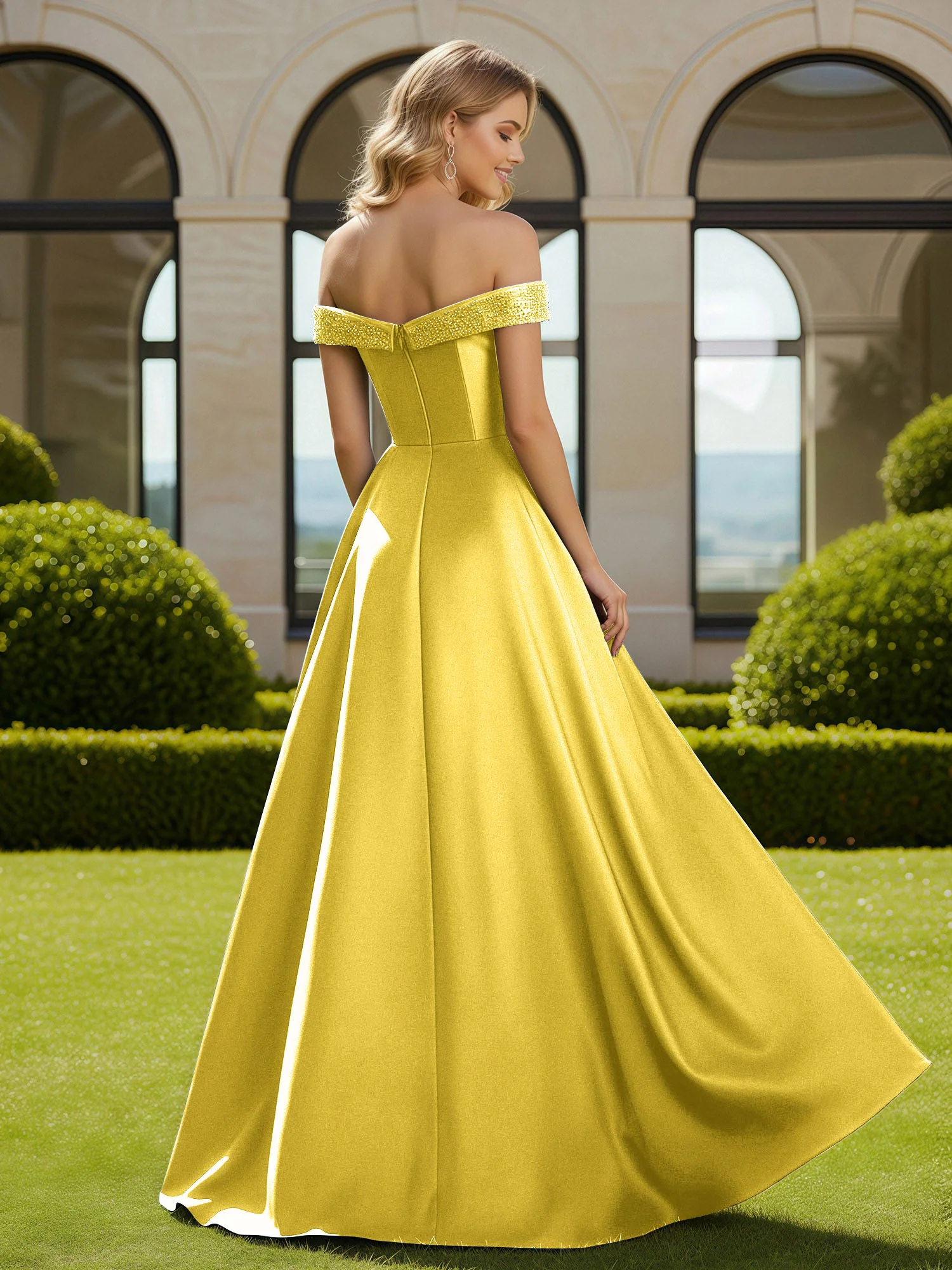 A-Line Beaded Off-the-shoulder Long Dress With Slit Marigold - Image 2