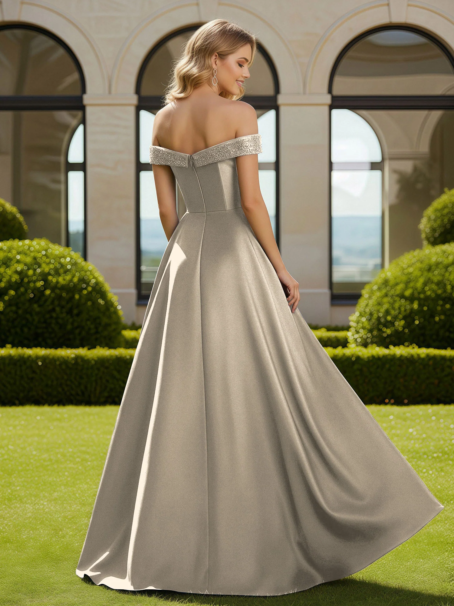 A-Line Beaded Off-the-shoulder Long Dress With Slit Taupe - Image 2