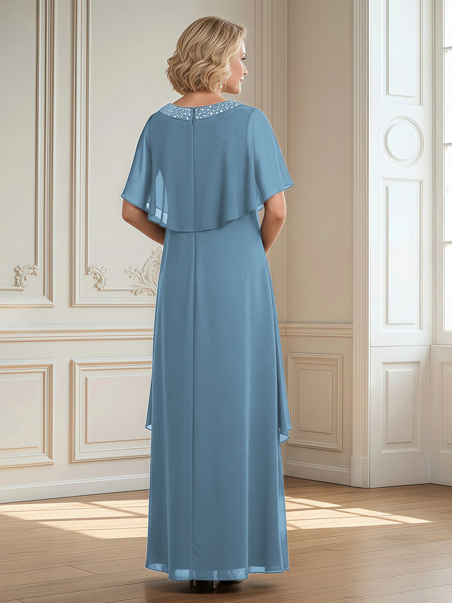 A-Line Beaded Scoop Floor-length Chiffon Dress Blue - Image 2