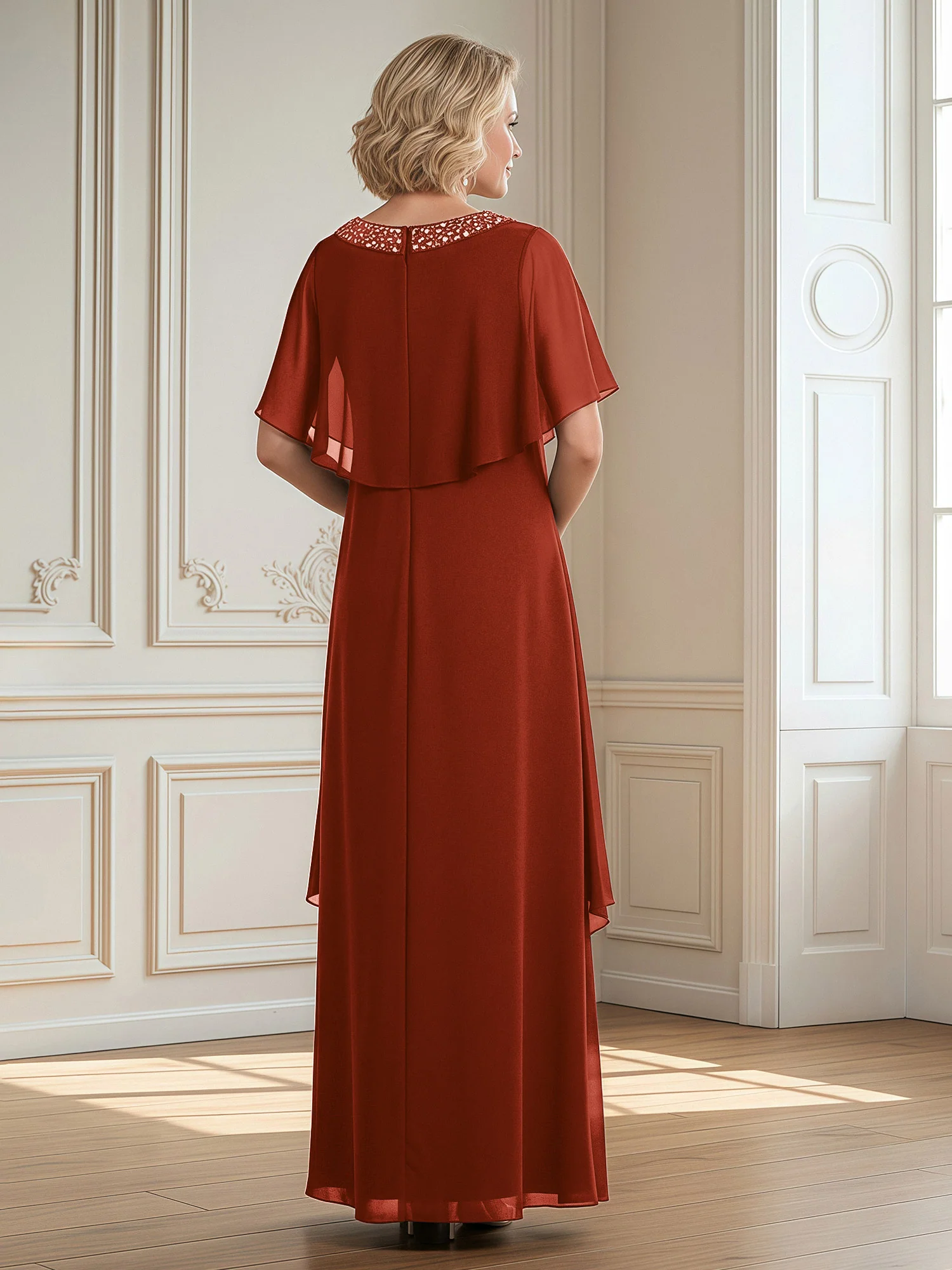 A-Line Beaded Scoop Floor-length Chiffon Dress Rust - Image 2