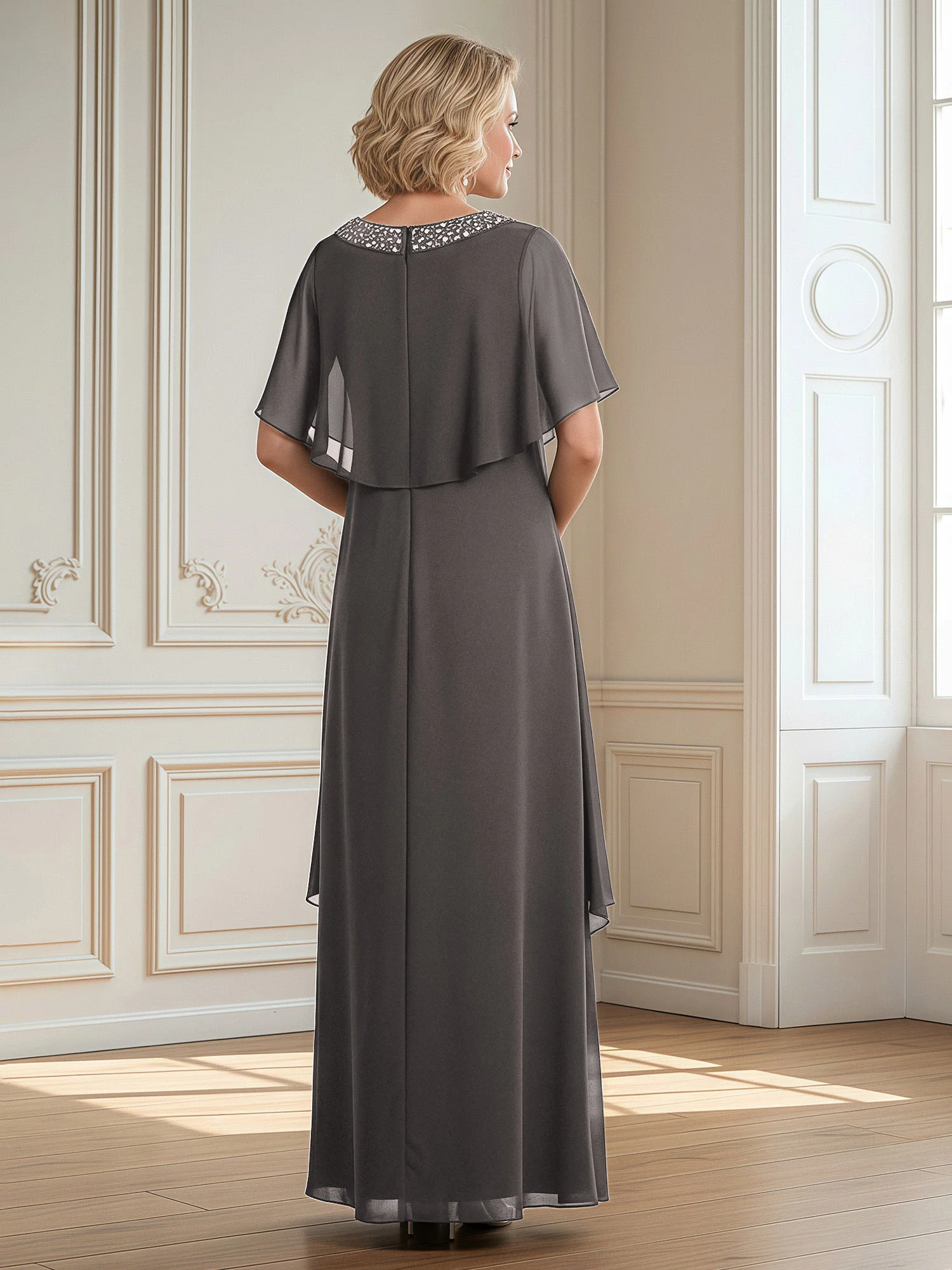 A-Line Beaded Scoop Floor-length Chiffon Dress Steel Grey - Image 2