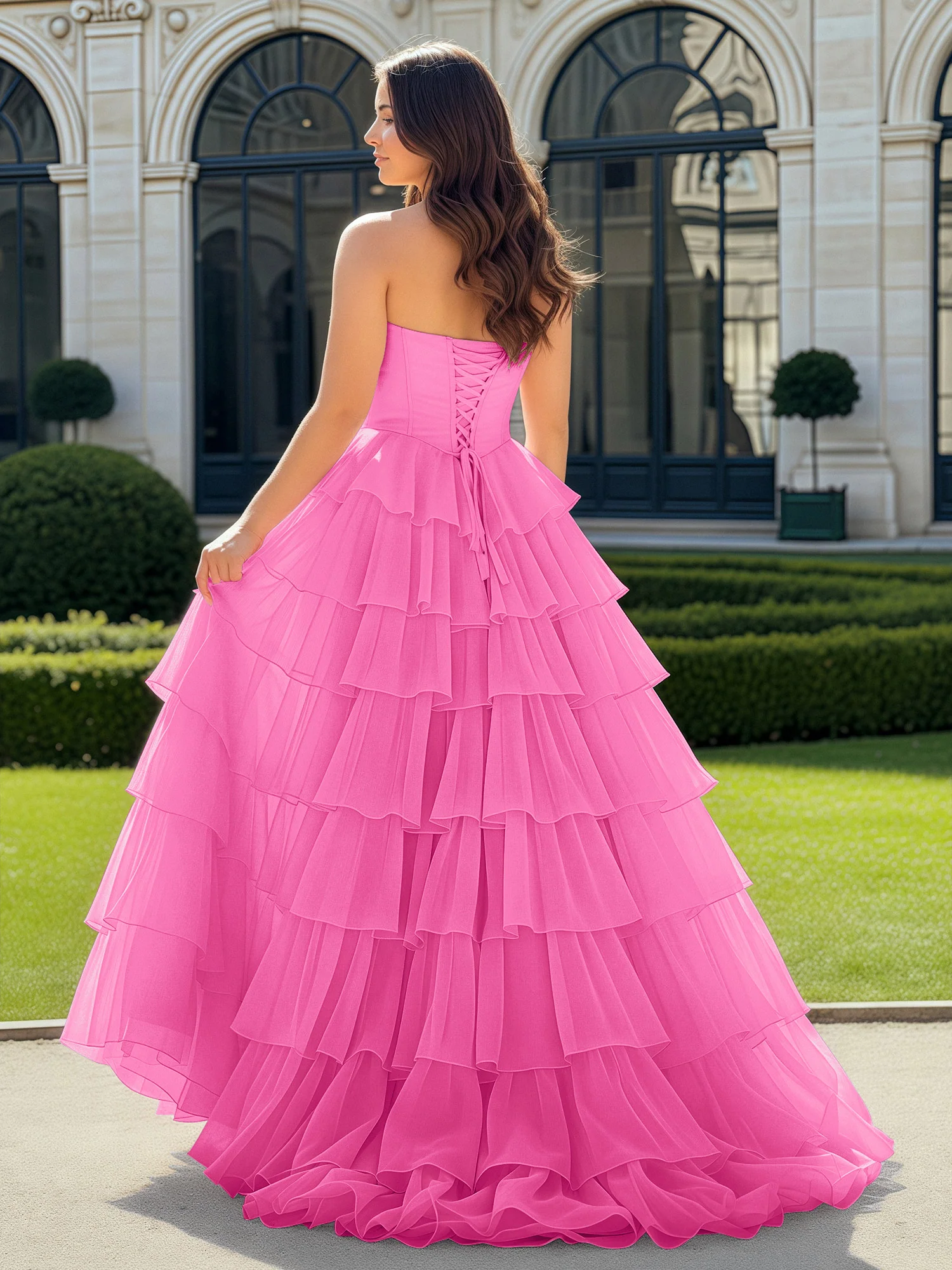 A-Line Beaded Sweetheart Neck Tiered Chiffon Dress Azalea - Image 2