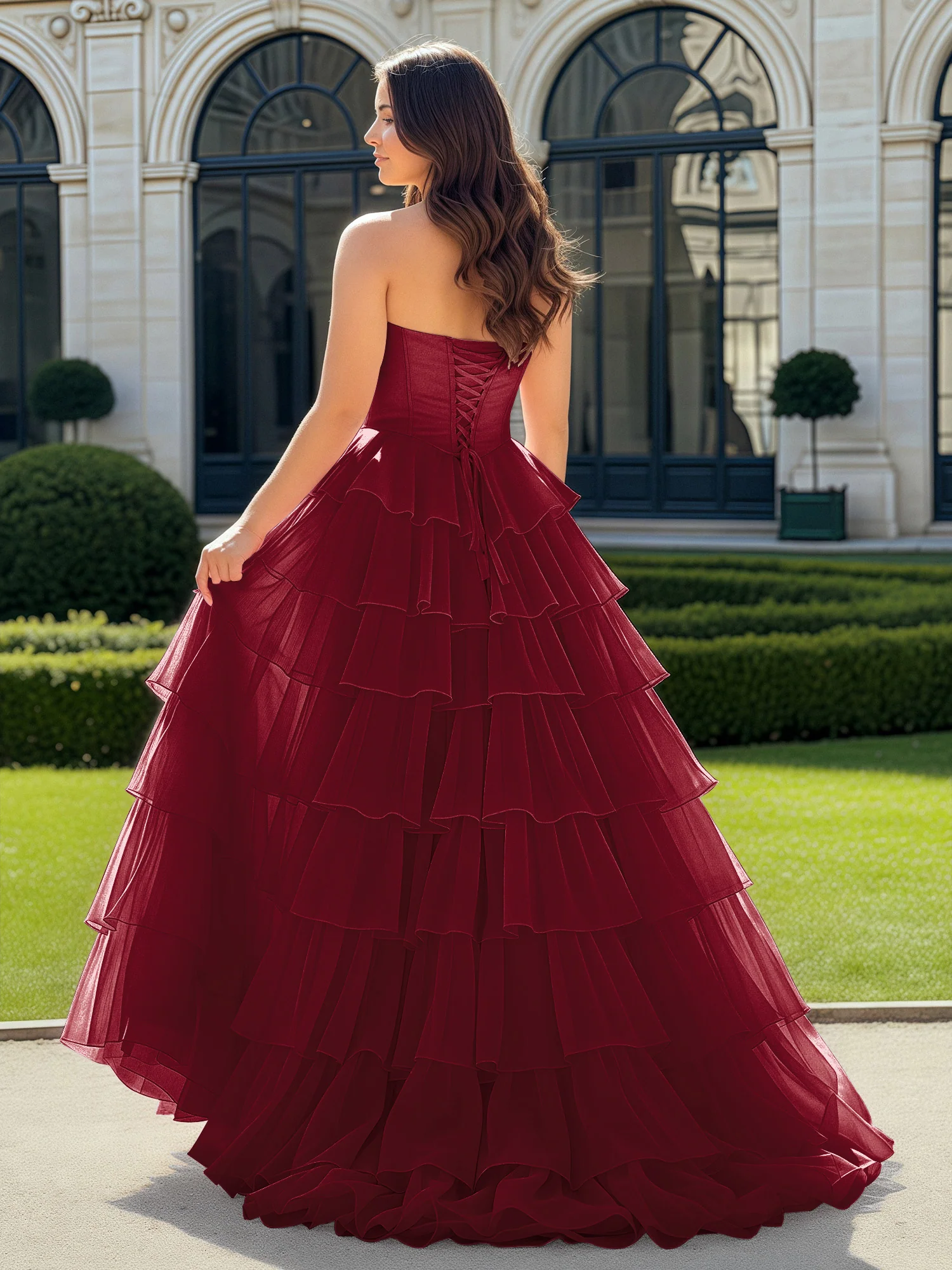 A-Line Beaded Sweetheart Neck Tiered Chiffon Dress Burgundy - Image 2