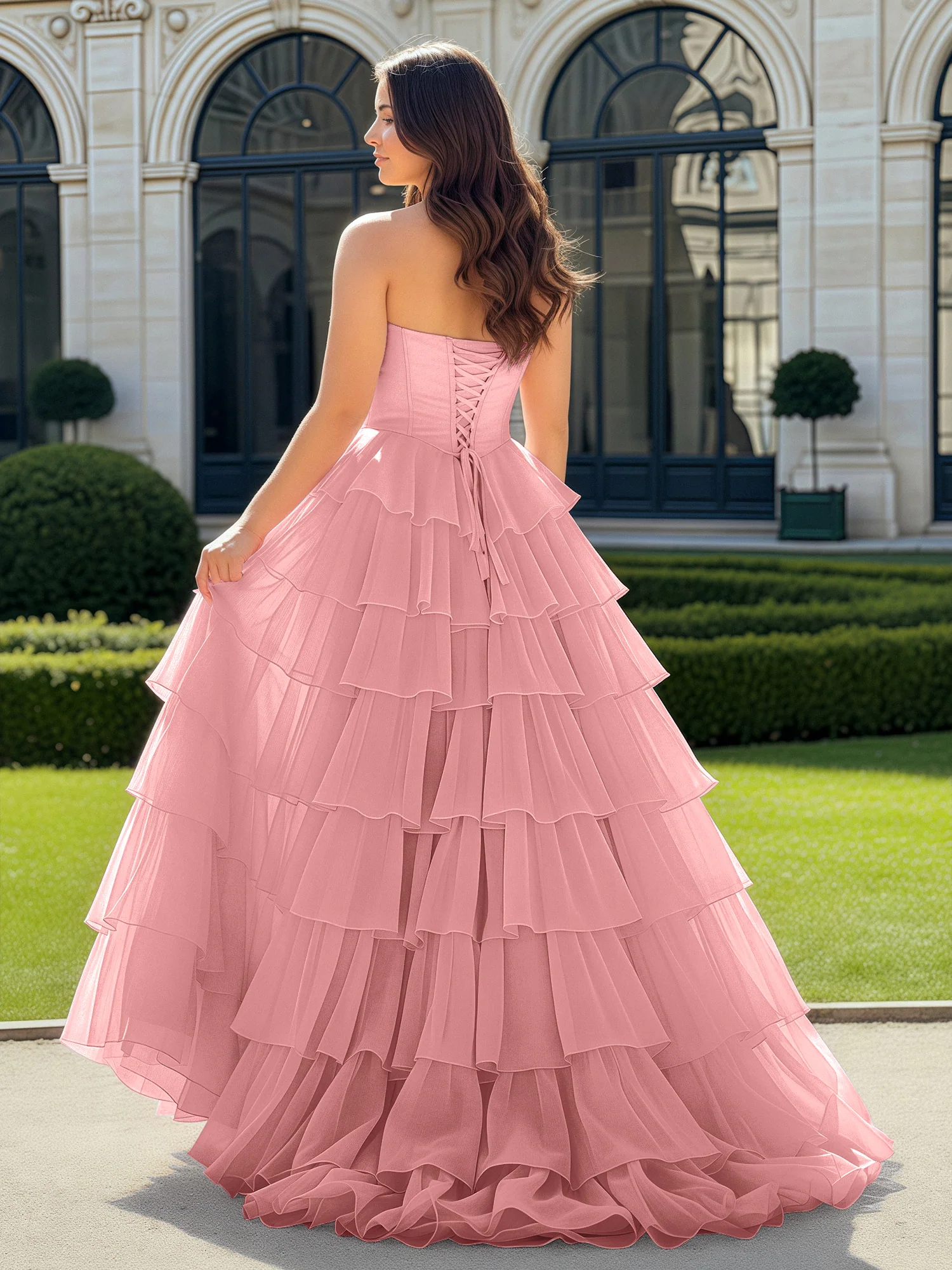 A-Line Beaded Sweetheart Neck Tiered Chiffon Dress Flamingo - Image 2