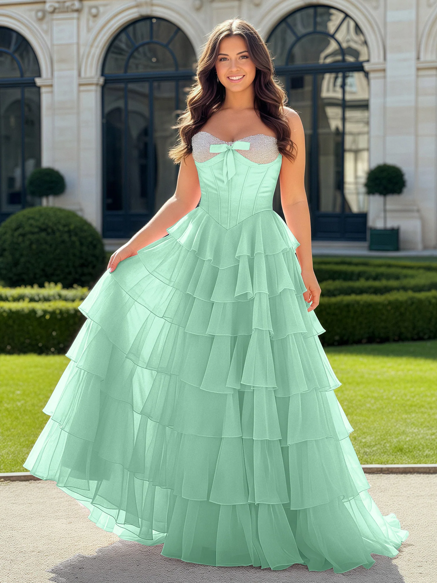 A-Line Beaded Sweetheart Neck Tiered Chiffon Dress Mint Green