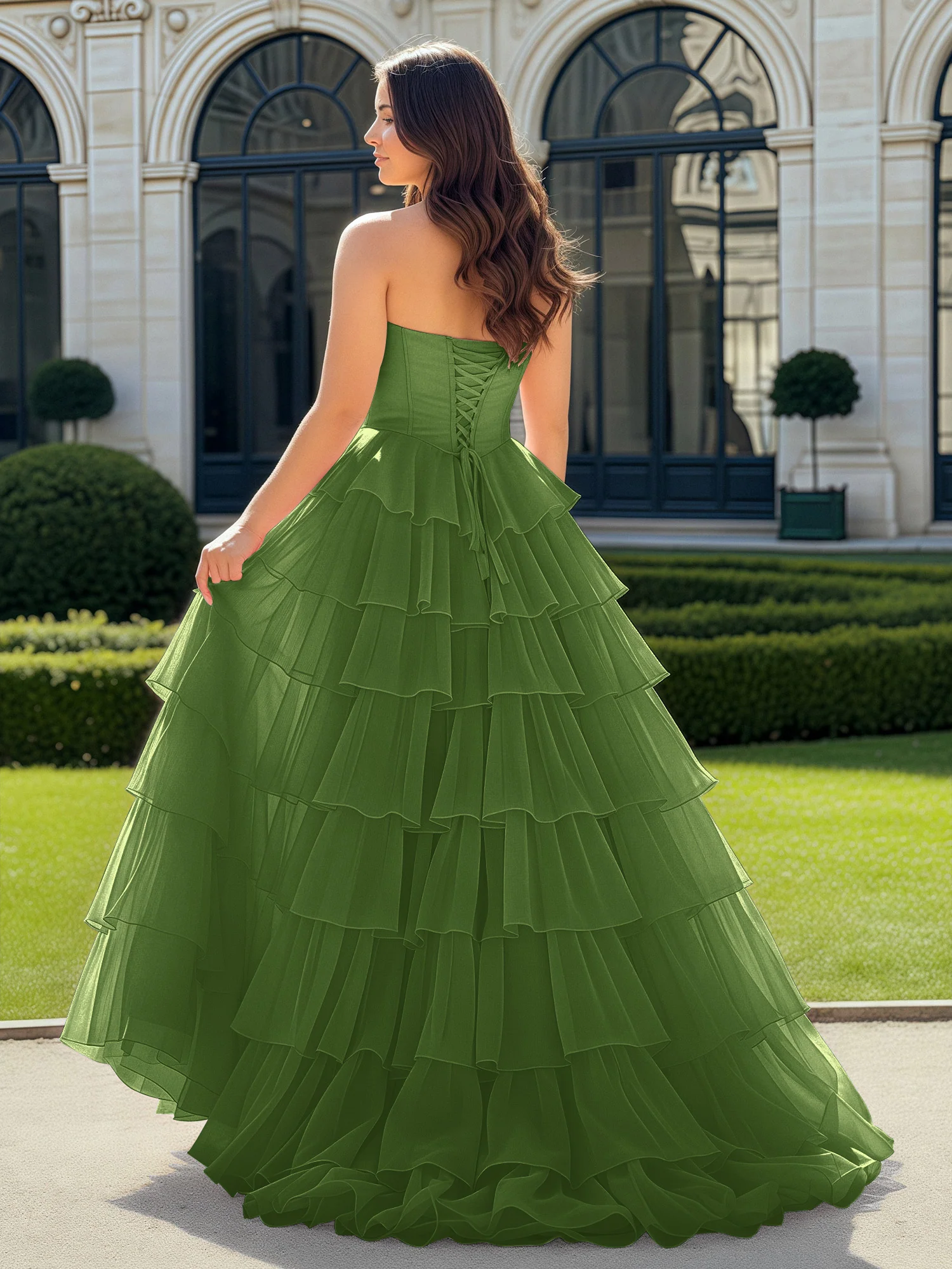 A-Line Beaded Sweetheart Neck Tiered Chiffon Dress Moss - Image 2