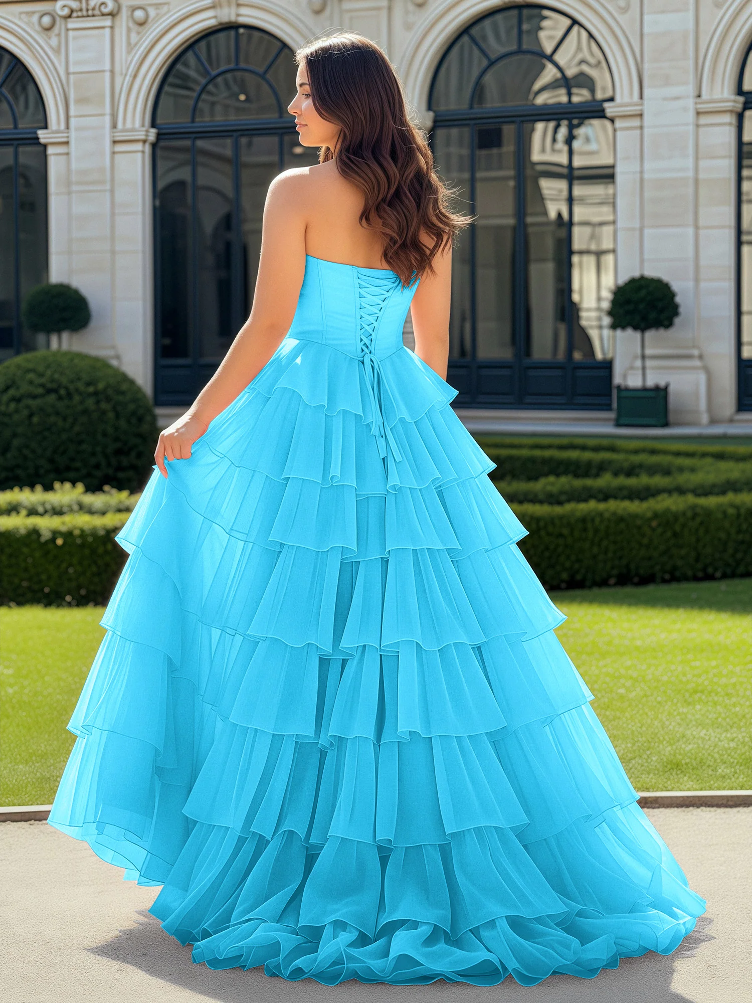 A-Line Beaded Sweetheart Neck Tiered Chiffon Dress Pool - Image 2