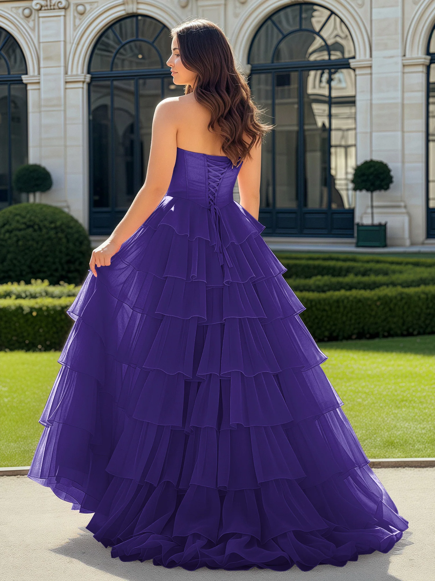 A-Line Beaded Sweetheart Neck Tiered Chiffon Dress Regency - Image 2