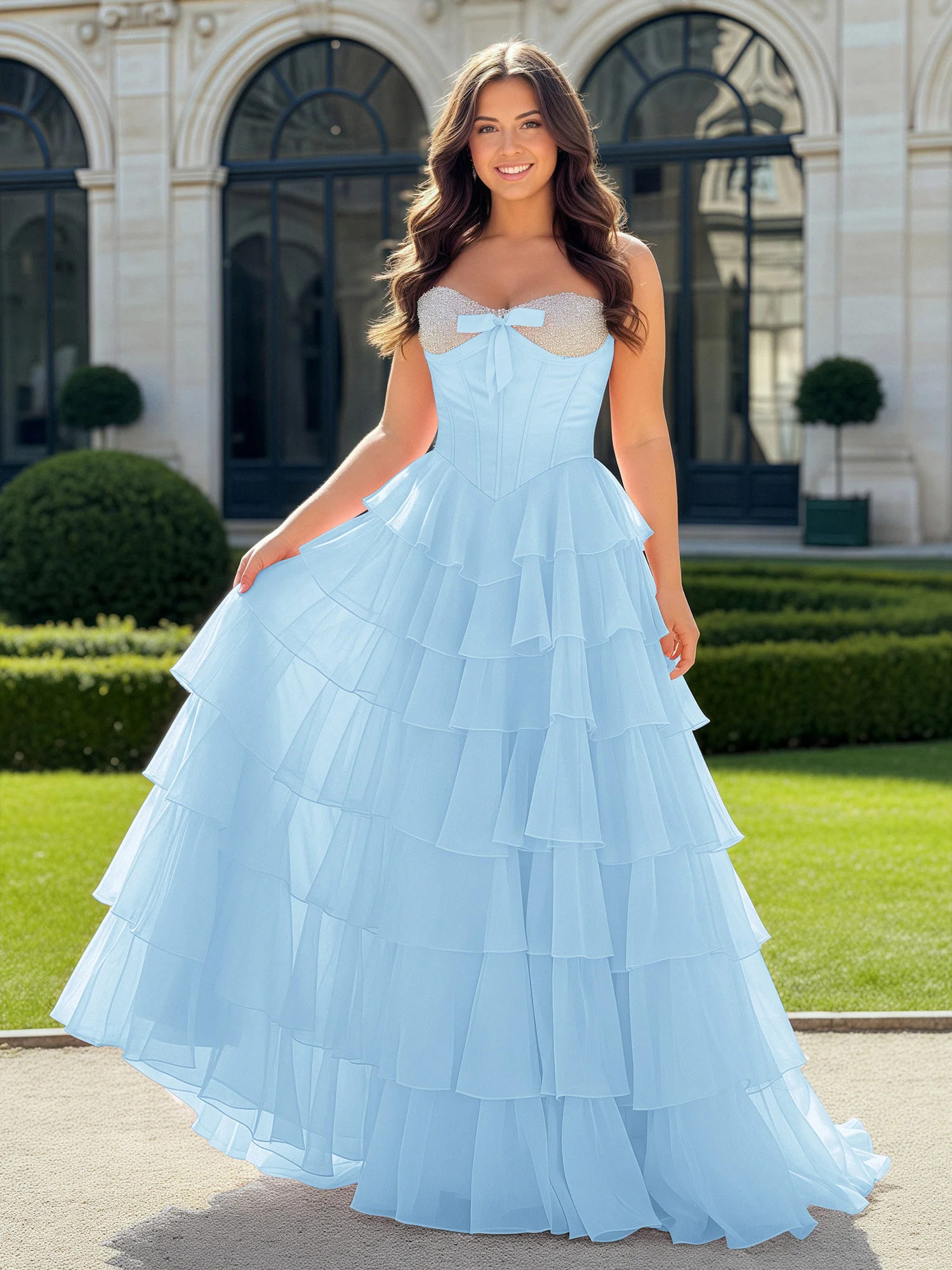 A-Line Beaded Sweetheart Neck Tiered Chiffon Dress Sky Blue