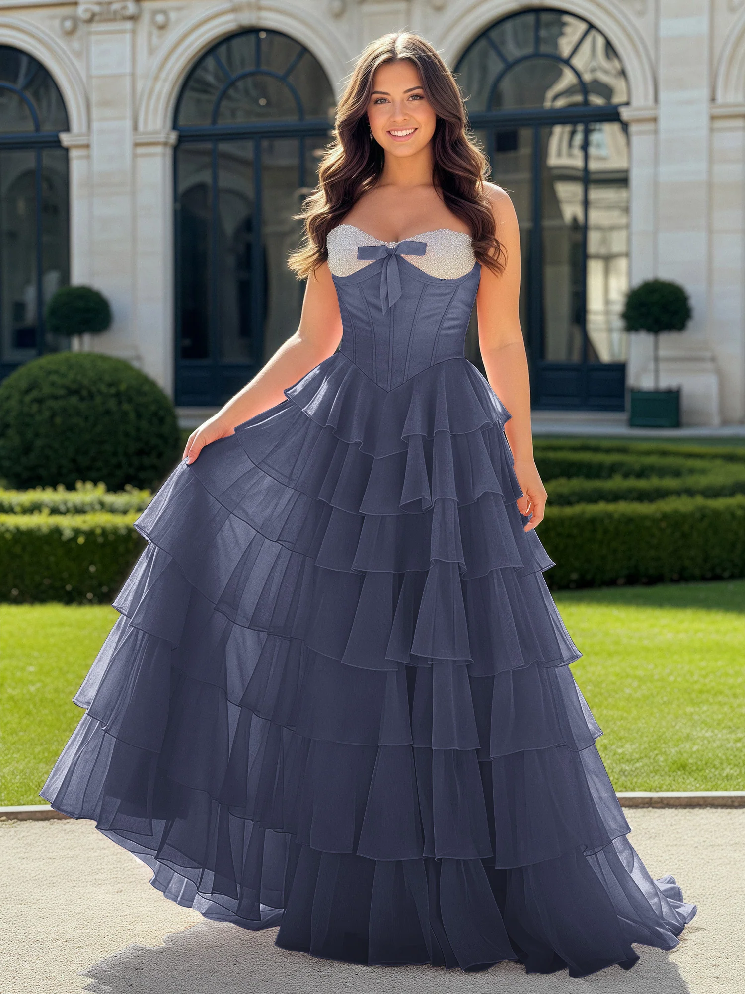 A-Line Beaded Sweetheart Neck Tiered Chiffon Dress Stormy