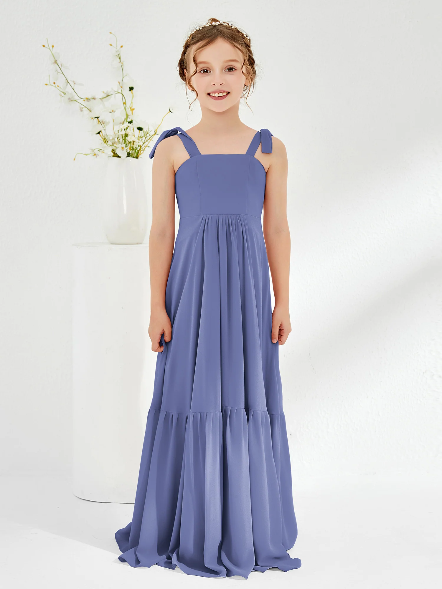 A-Line Bow Ruffle Junior Bridesmaid Dresses Periwinkle