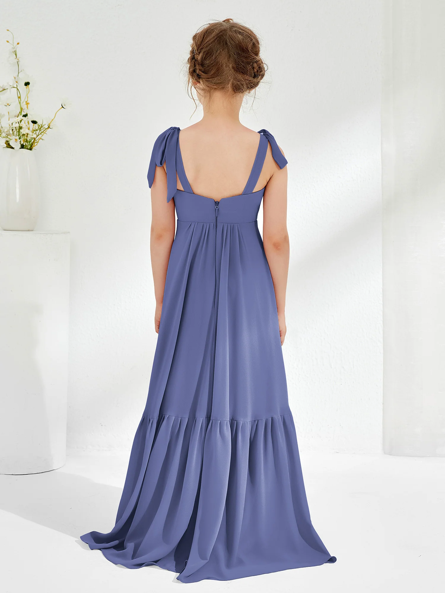 A-Line Bow Ruffle Junior Bridesmaid Dresses Periwinkle - Image 2