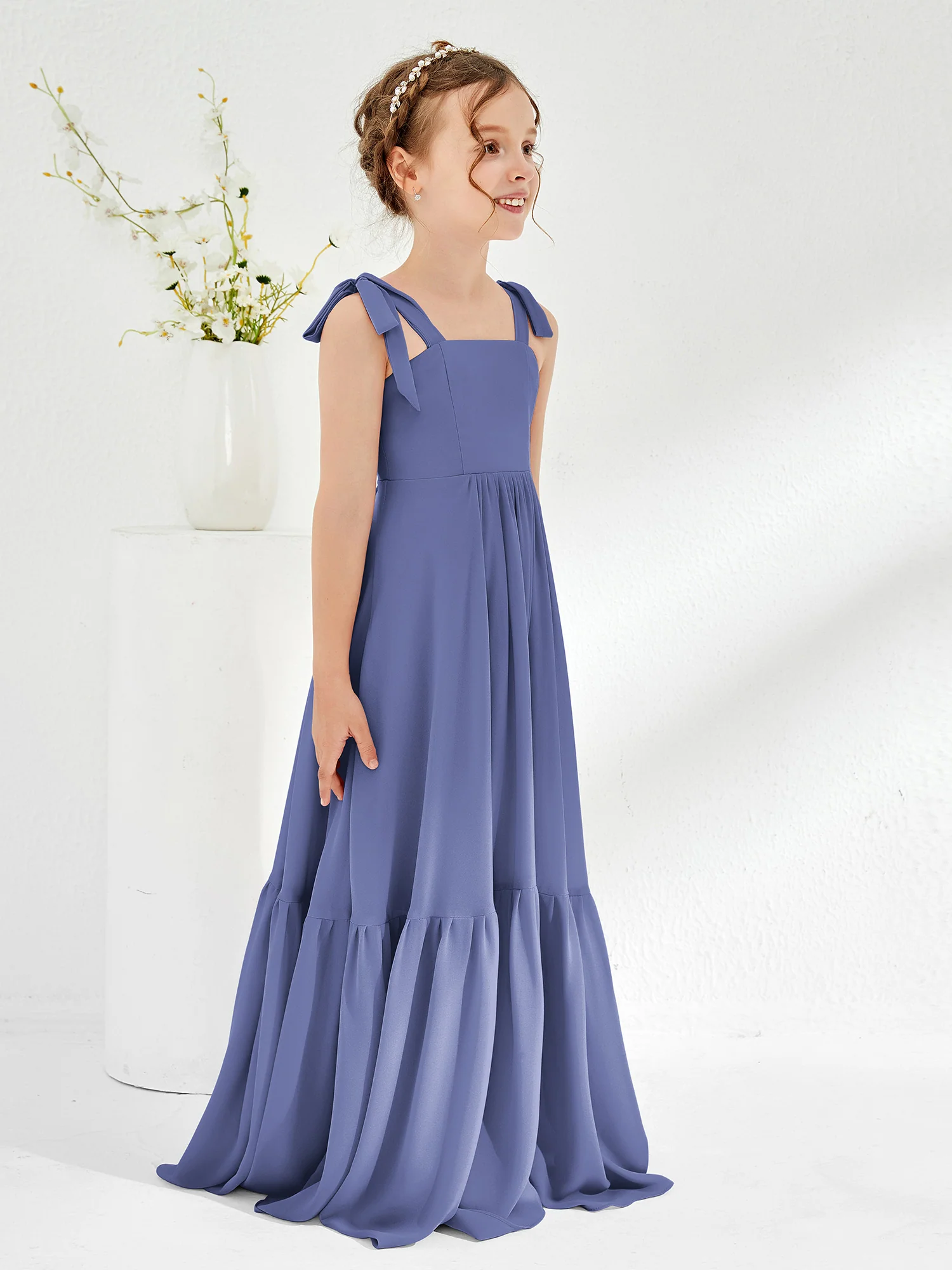A-Line Bow Ruffle Junior Bridesmaid Dresses Periwinkle - Image 3
