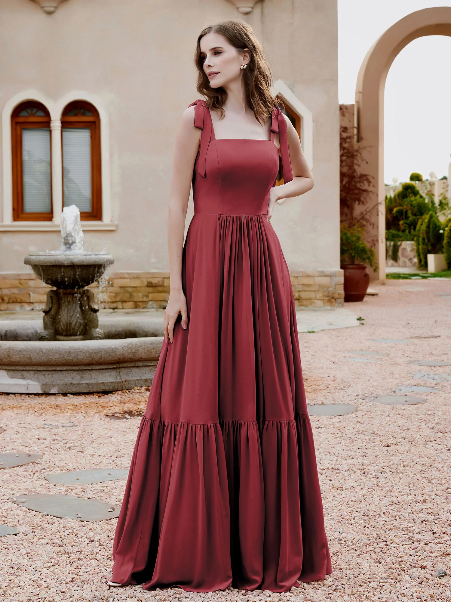 A-Line Bow Ruffle Sleeveless Chiffon Dress Cinnamon Rose