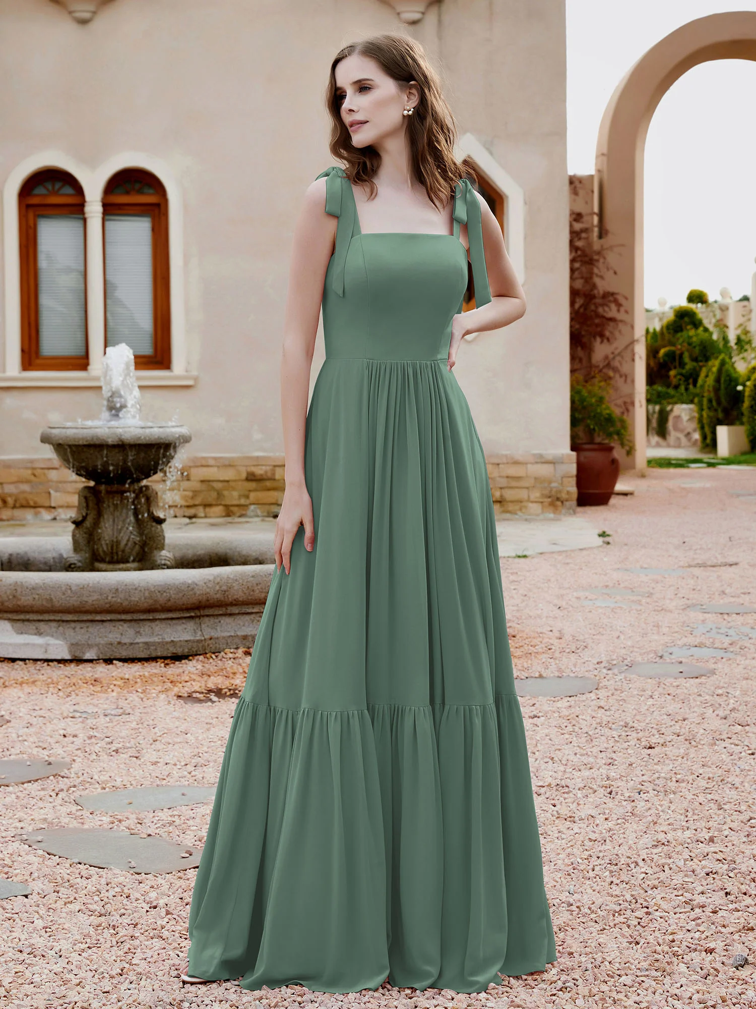 A-Line Bow Ruffle Sleeveless Chiffon Dress Eucalyptus