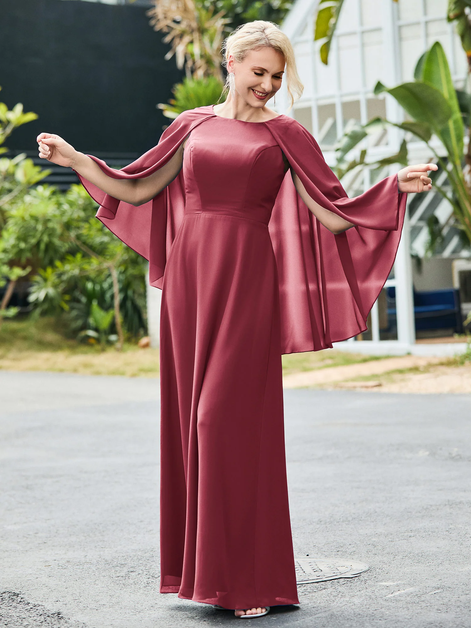 A-line Chiffon Dress with Cape Cinnamon Rose