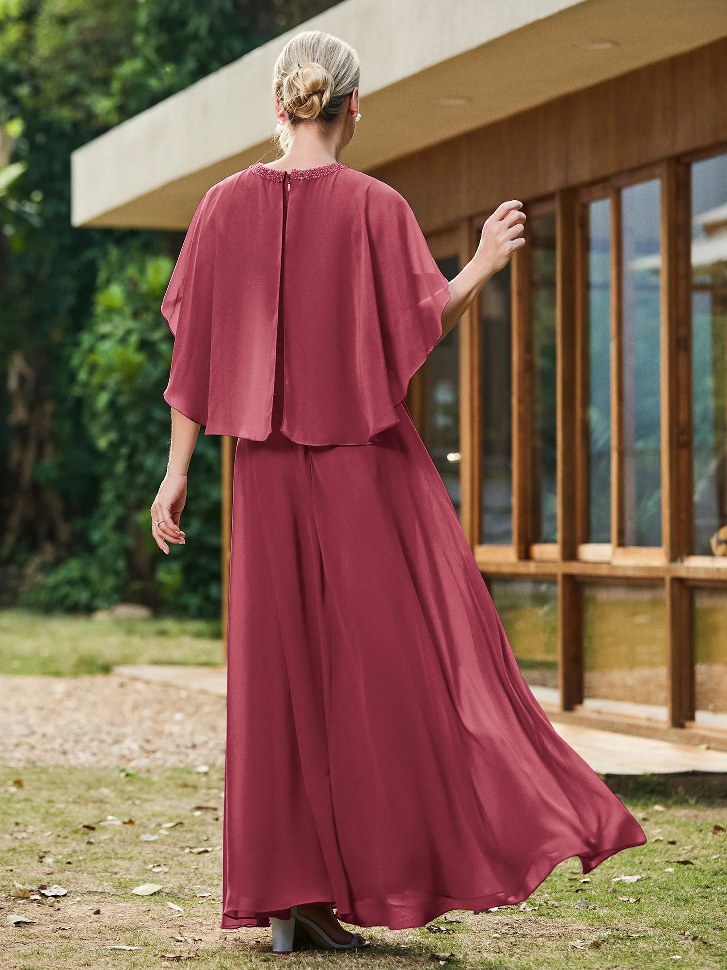 A-line Chiffon Dress with Diamond Neck Cape Cinnamon Rose - Image 2