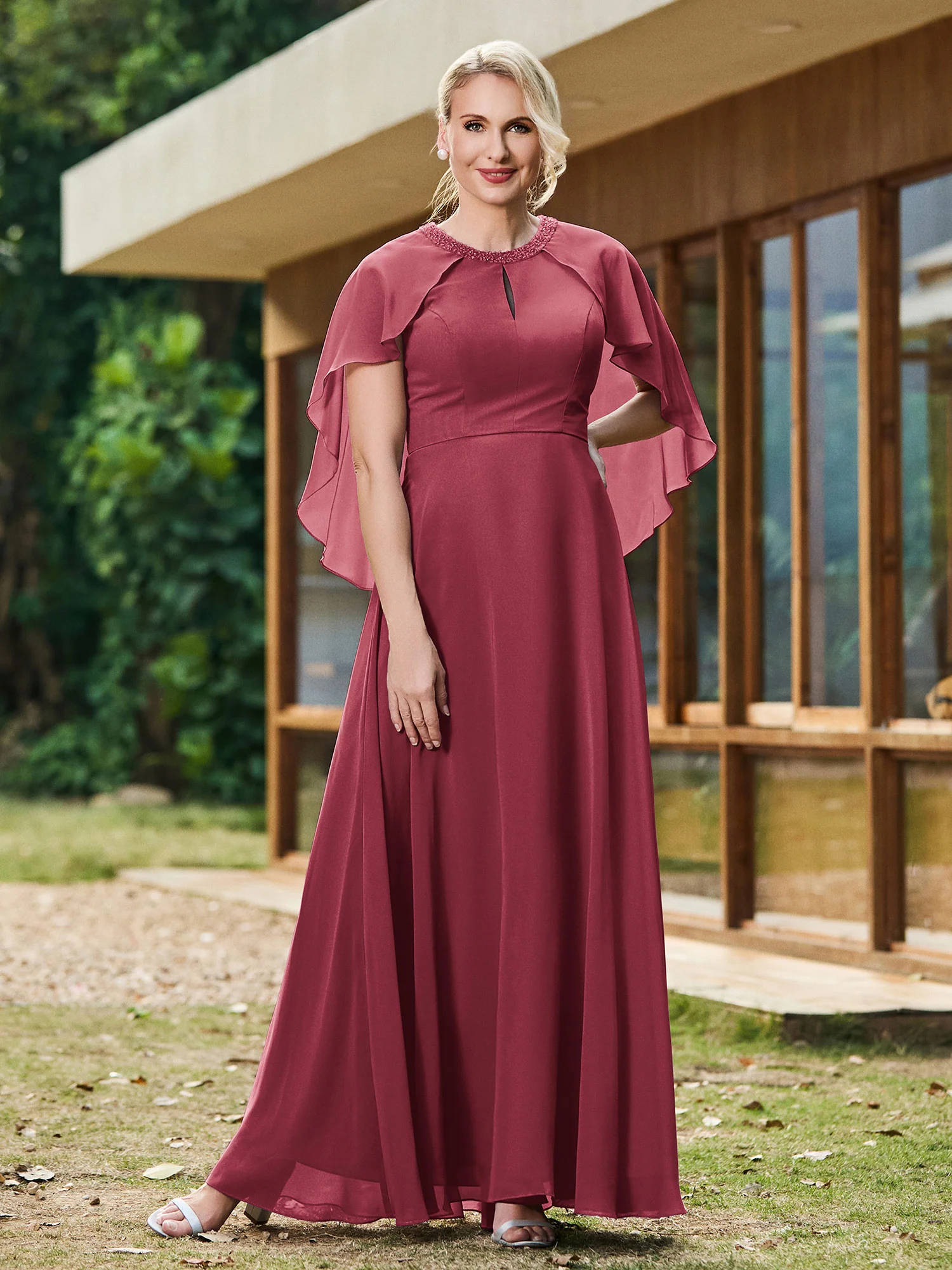 A-line Chiffon Dress with Diamond Neck Cape Cinnamon Rose - Image 3