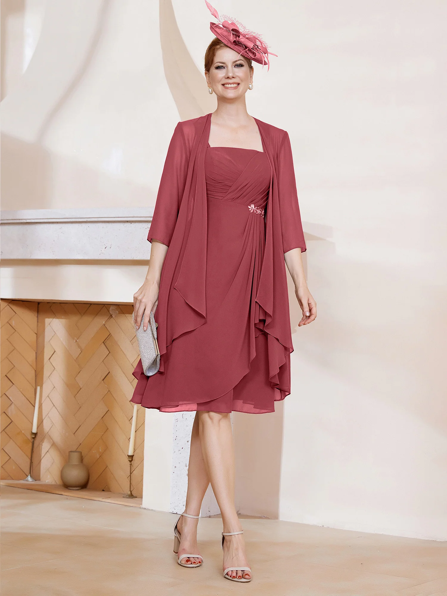 A-Line Chiffon Knee-length Dress With Jacket Cinnamon Rose