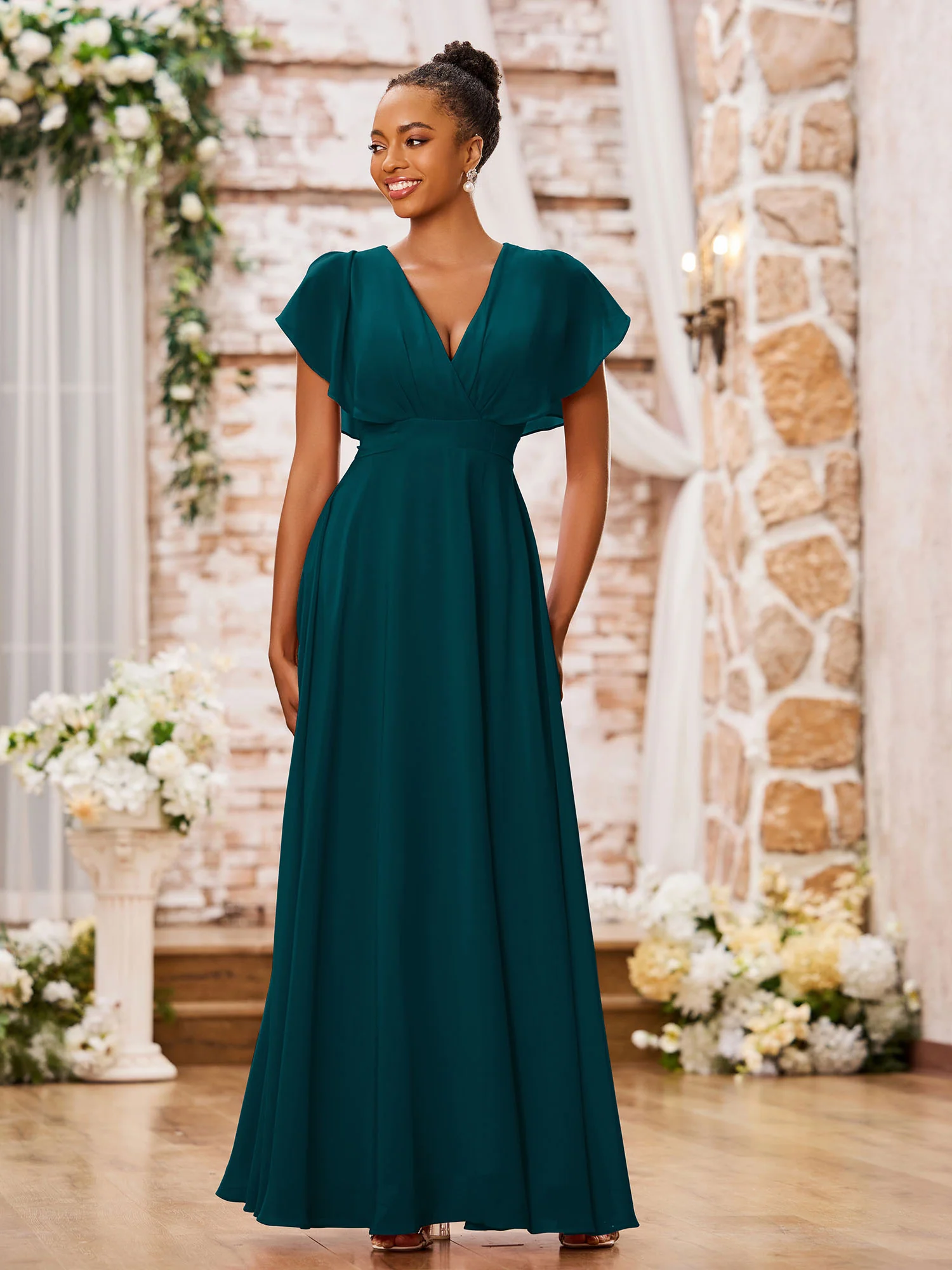 A-line Deep V-neck Long Chiffon Cap Sleeves Dresses Pine