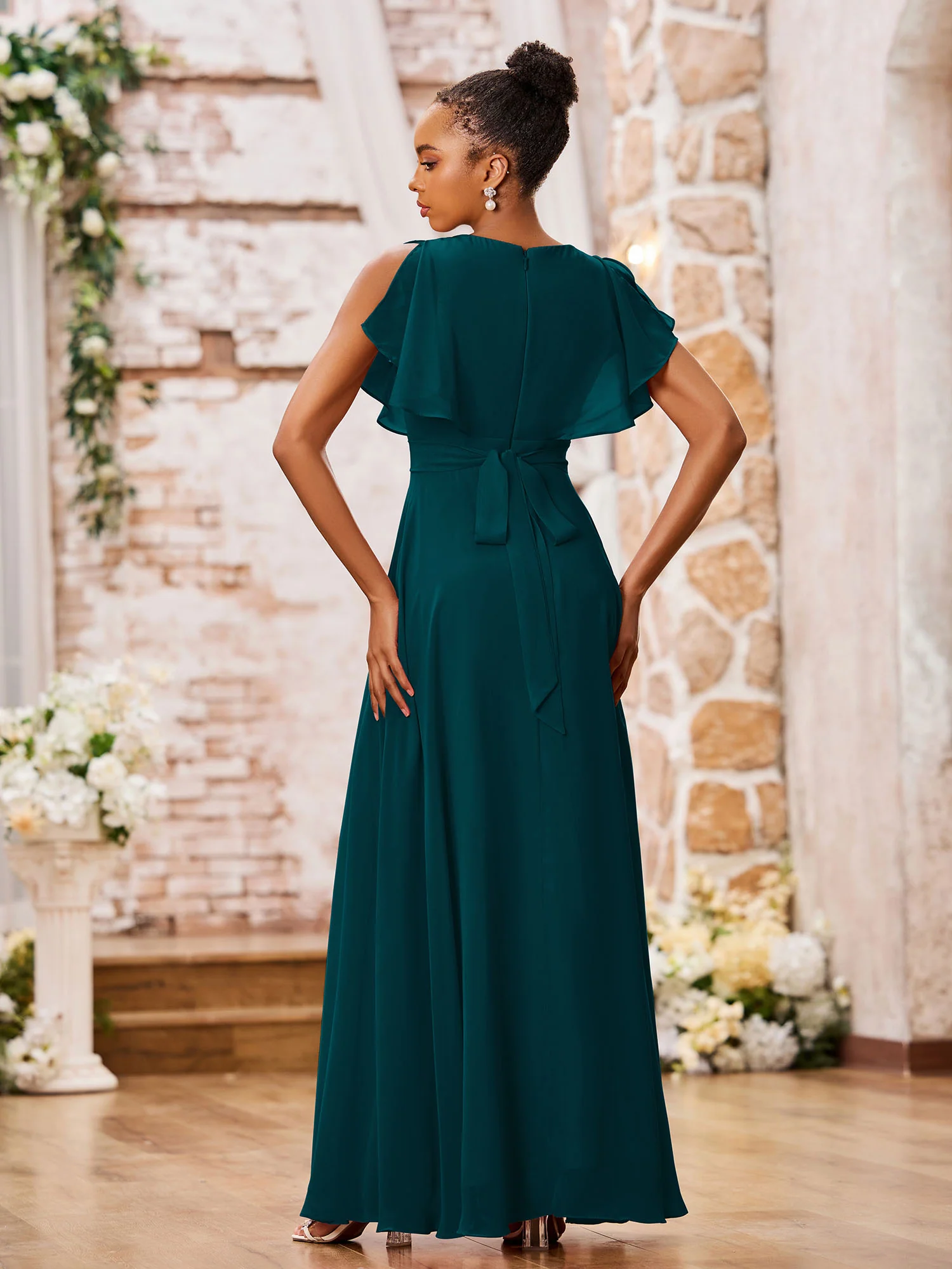 A-line Deep V-neck Long Chiffon Cap Sleeves Dresses Pine - Image 2