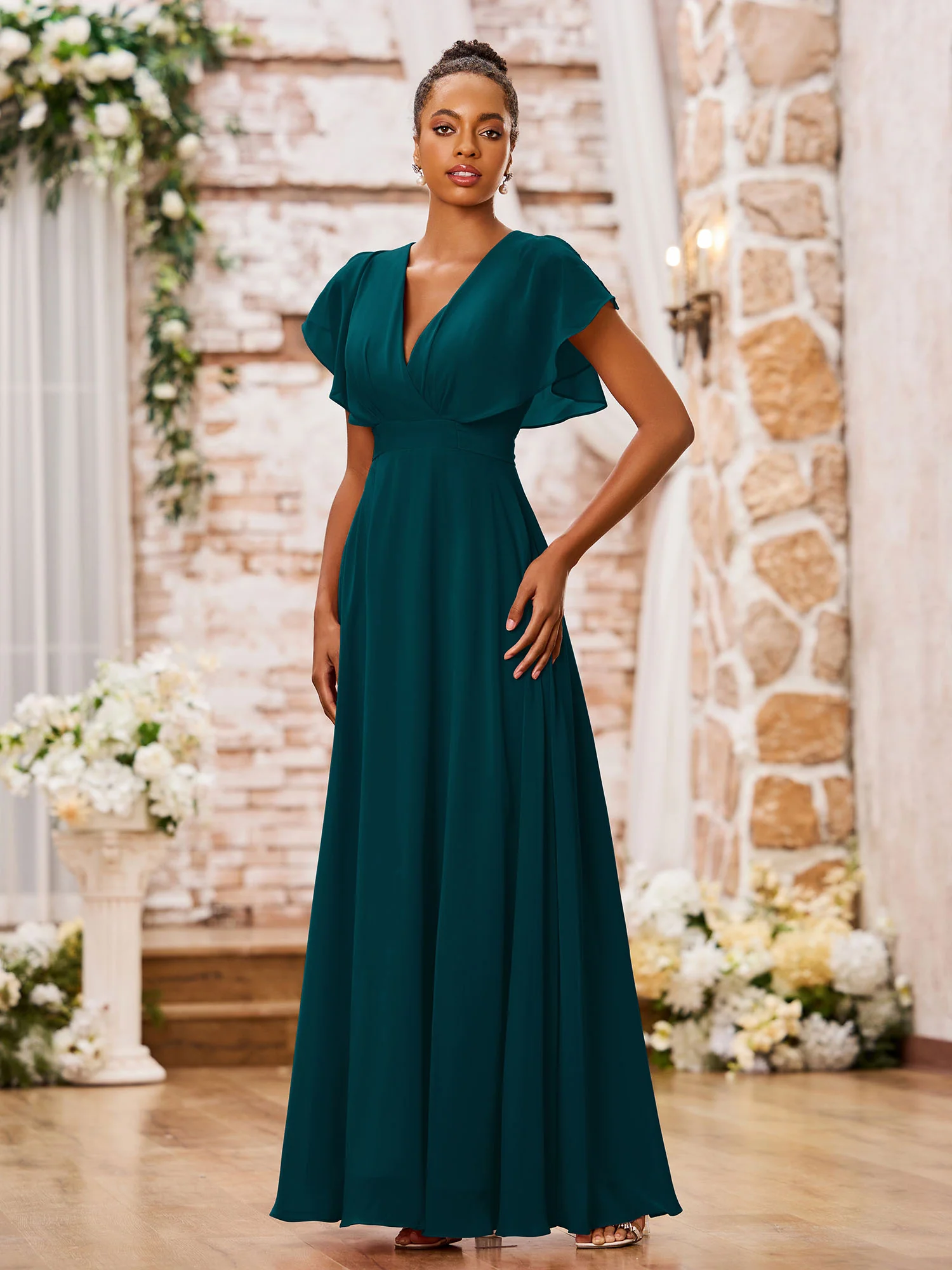 A-line Deep V-neck Long Chiffon Cap Sleeves Dresses Pine - Image 3