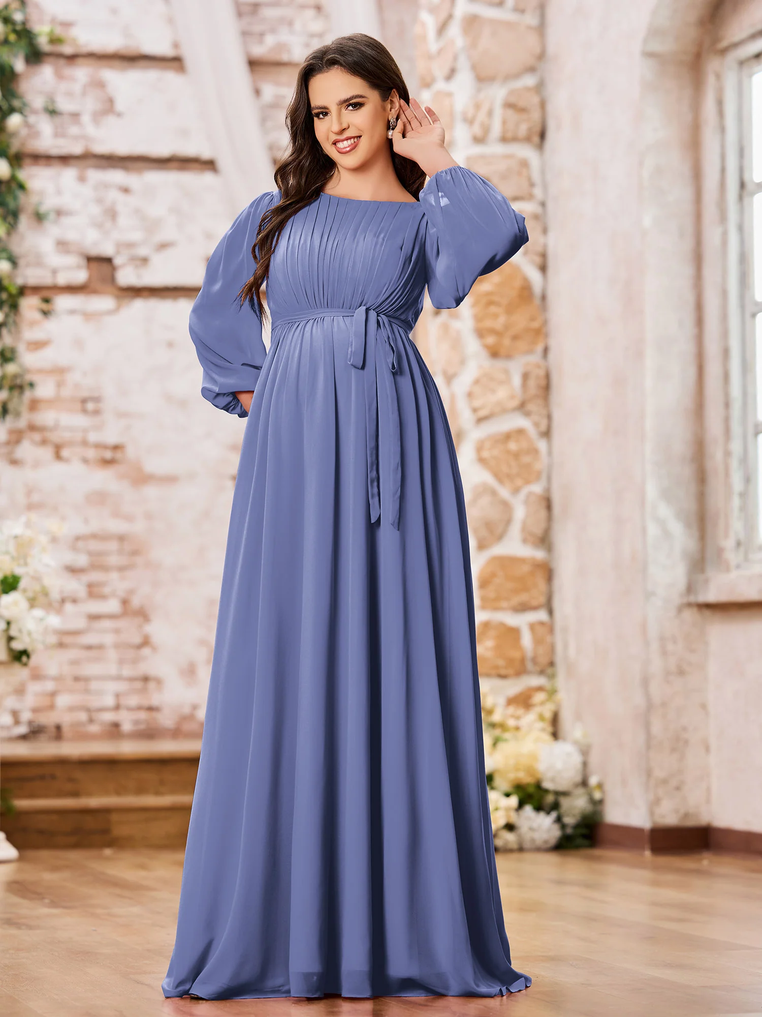A-line Empire Waist Long Sleeves Chiffon Dresses with Bow Periwinkle