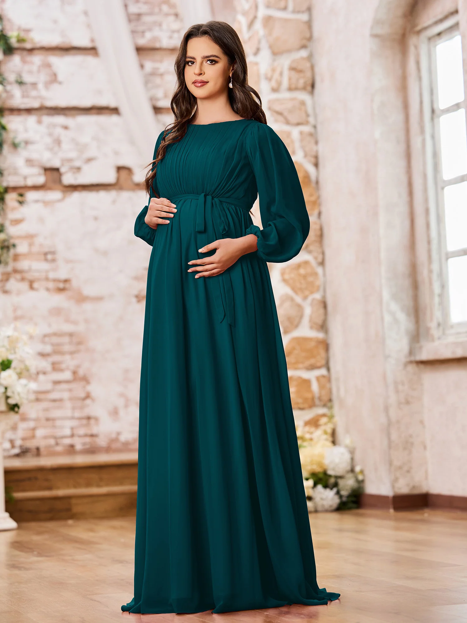 A-line Empire Waist Long Sleeves Chiffon Dresses with Bow Pine - Image 3