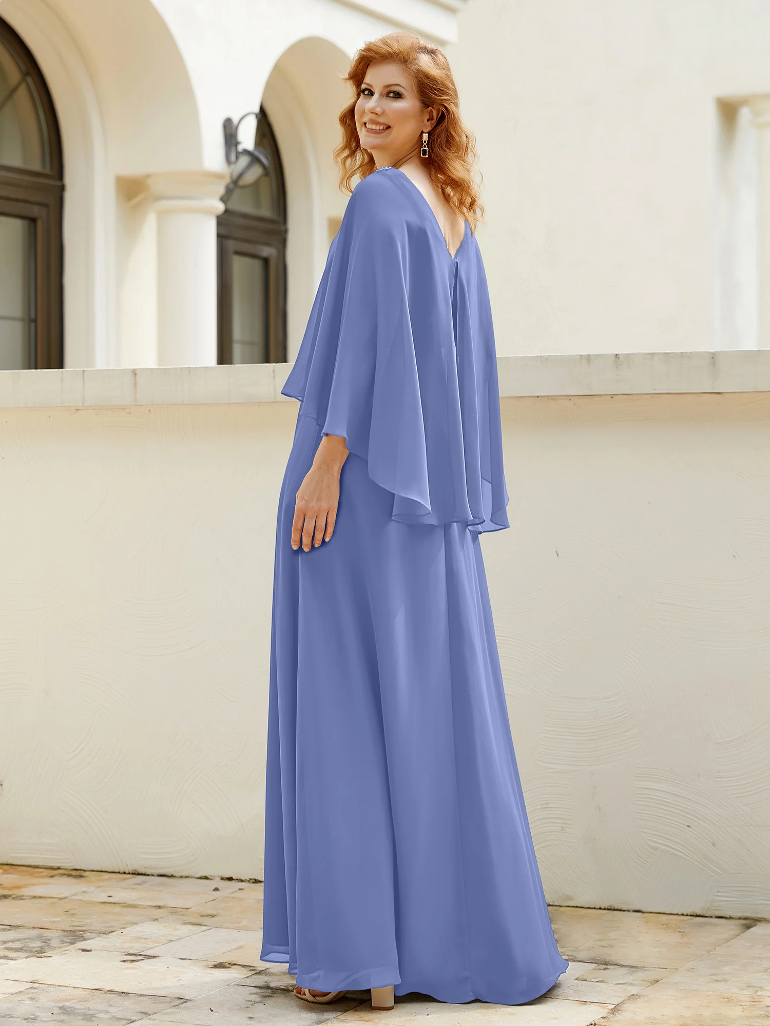 A-Line Flutter Cape Sleeves Dress with Beaded V-neck-Periwinkle - Image 2