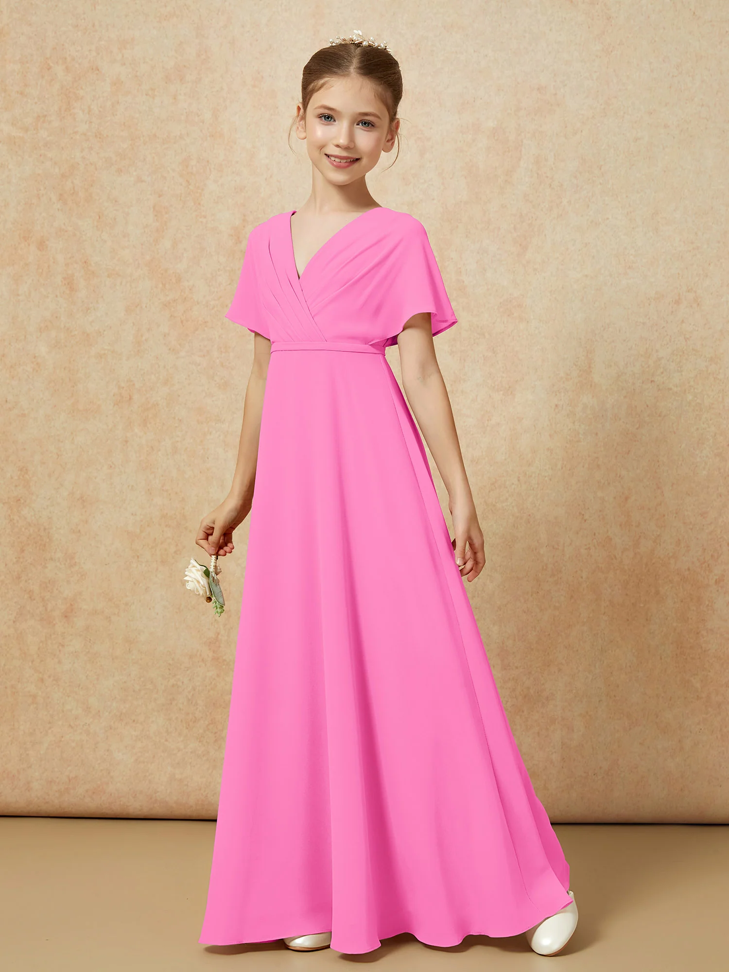 A-Line Flutter Sleeves Chiffon Junior Bridesmaid Dresses Azalea - Image 6